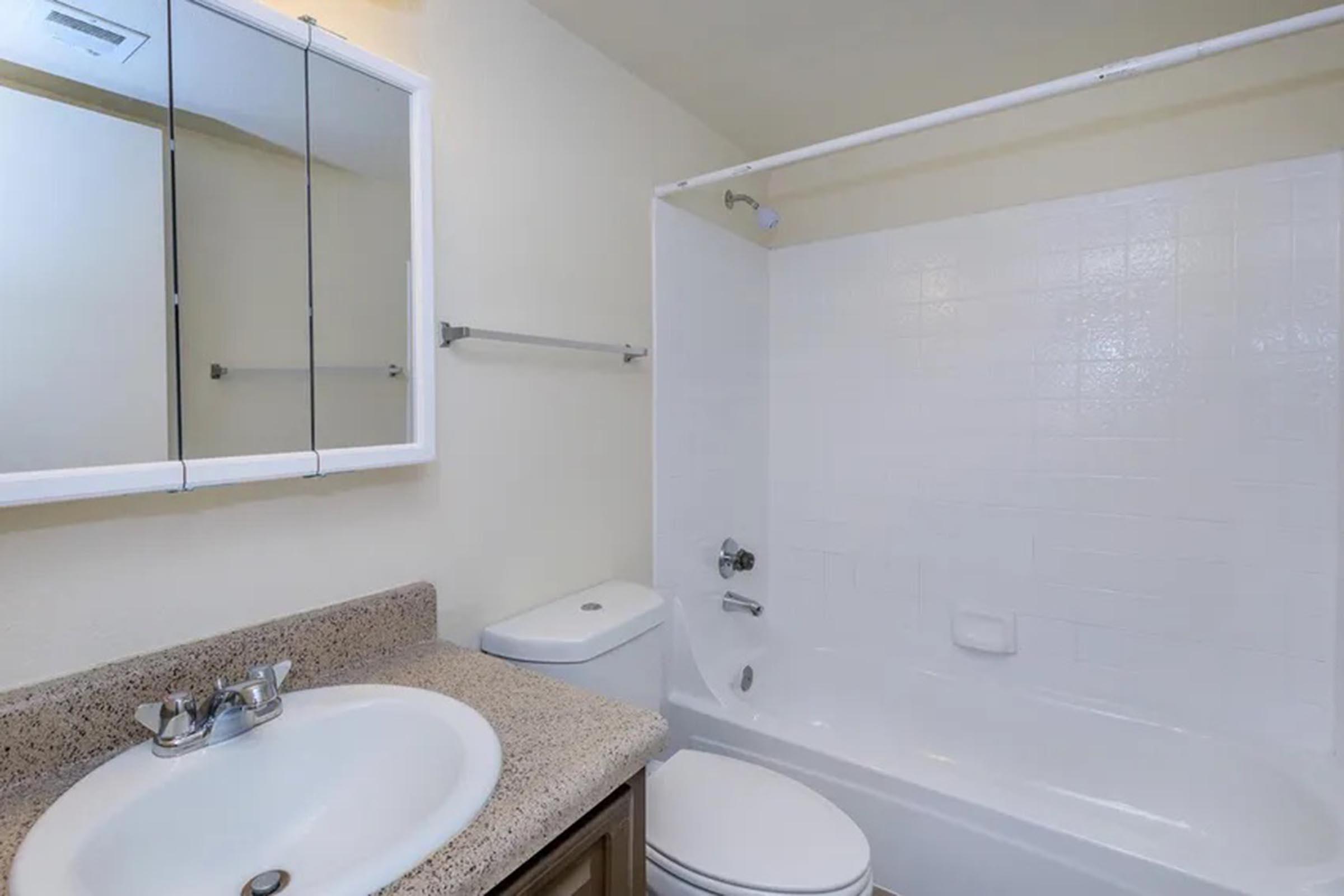 A clean and modern bathroom featuring a bathtub with a shower, a white toilet, a sink with a granite countertop, and a mirrored cabinet above the sink. The walls are a light color, creating a bright and spacious atmosphere.