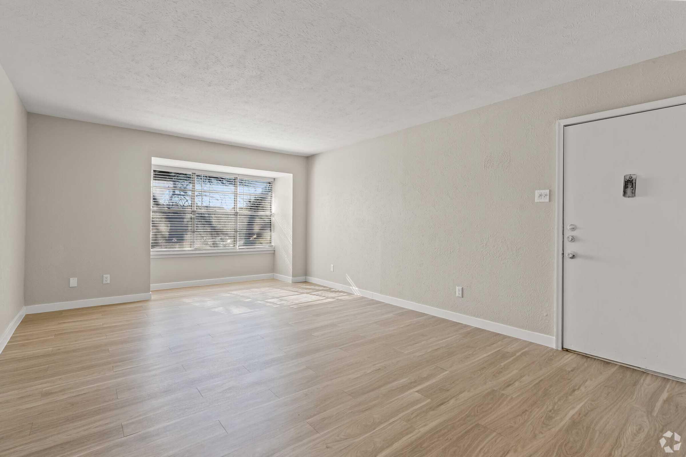 Bright, empty room with light wood flooring and a large window allowing natural light. The walls are painted in a light color, creating an airy feel. A simple white door is visible on the right side. The space is suitable for various interior design possibilities.