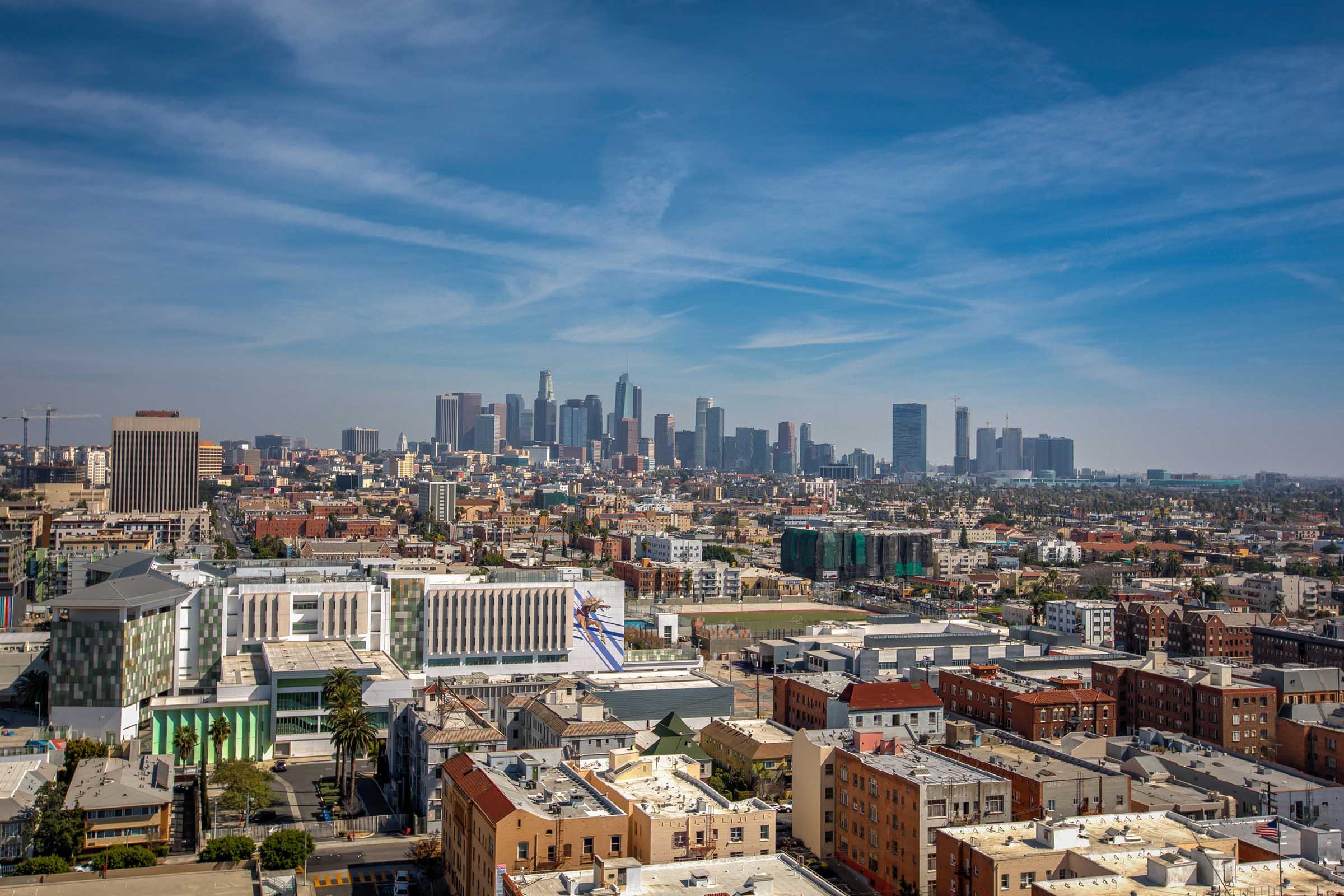 a rooftop view of the city skyline