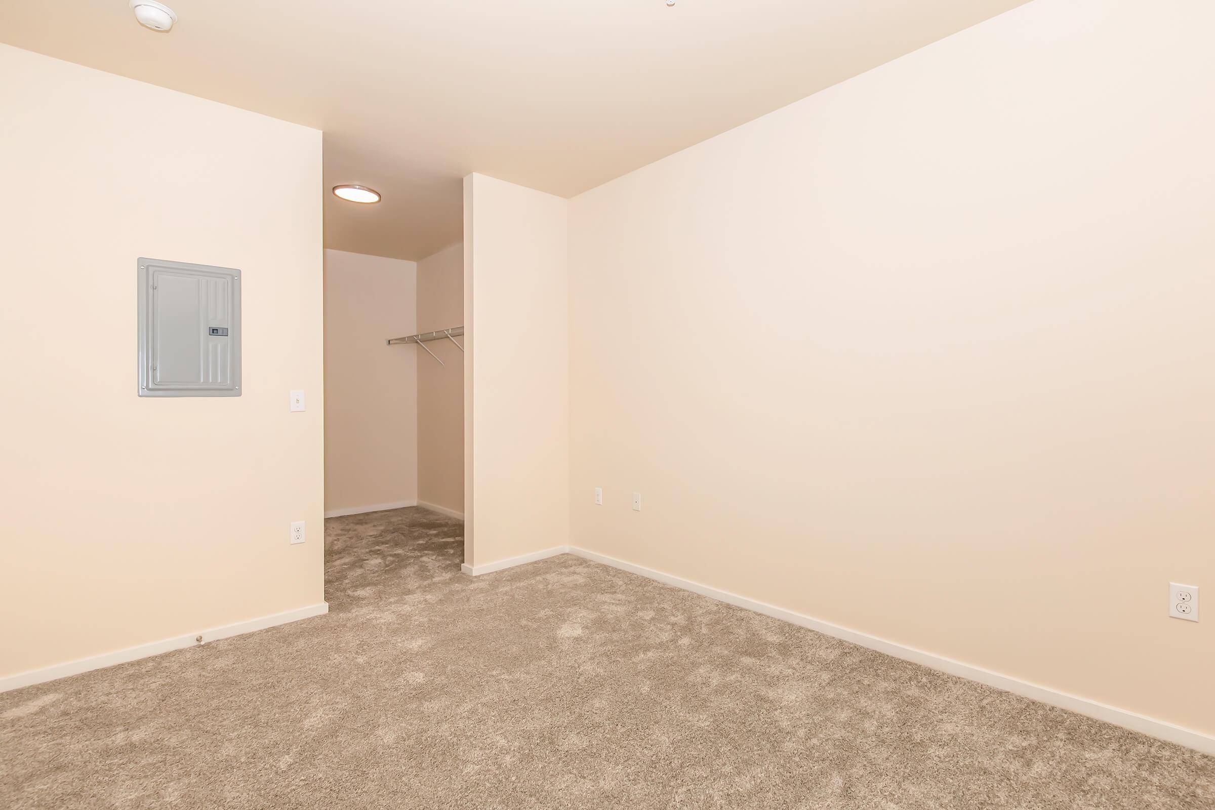 Empty room with beige walls and a light tan carpet. On the left, there is an electrical panel mounted on the wall. A small closet with a hanging rod is visible in the corner, and the space is well-lit, suggesting a bright and airy atmosphere.