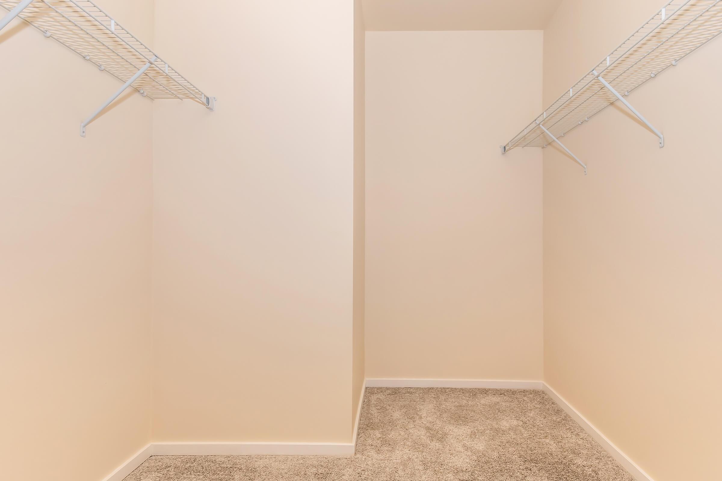 Empty walk-in closet with beige walls and carpeted floor. Two wire shelving units line the walls for storage. The space is well-lit and unobstructed, creating a clean and organized appearance.