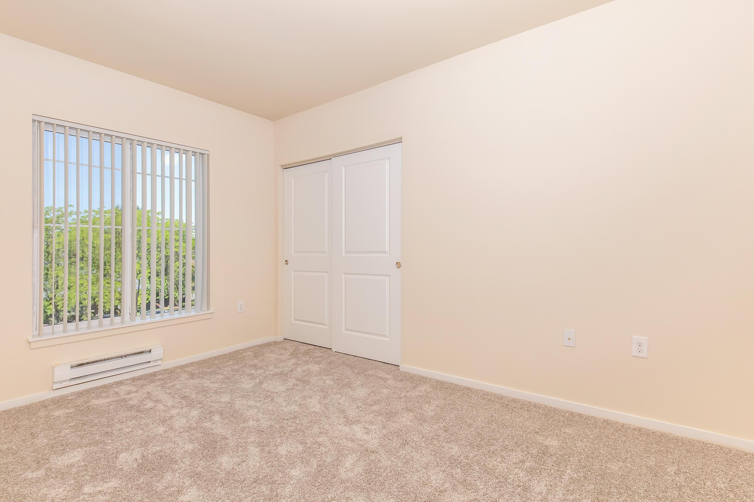 A vacant room with light beige walls and a large window featuring vertical blinds. The floor is covered in plush carpet. There is a double closet with white doors on one wall. Natural light illuminates the space, creating a bright, inviting atmosphere.