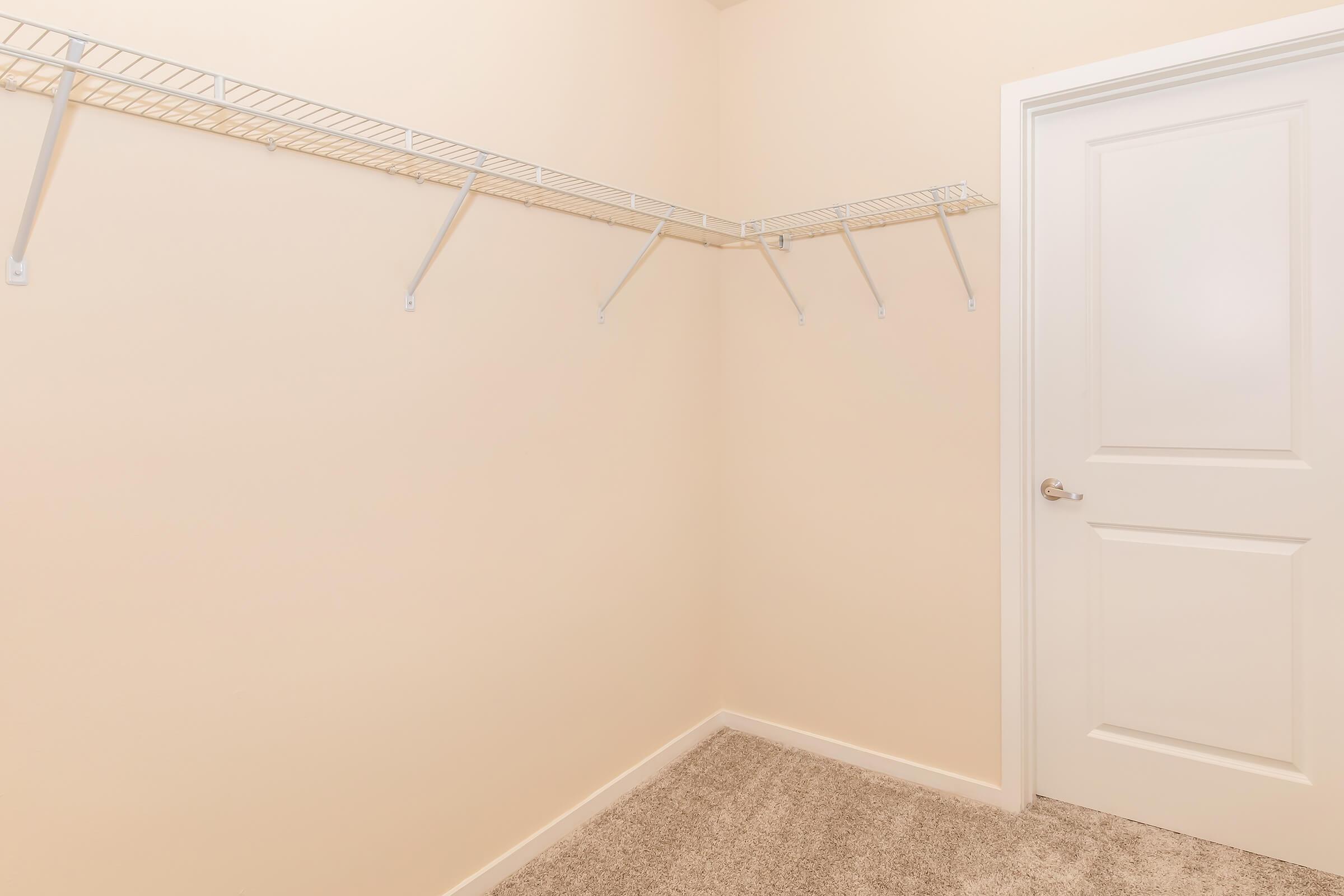 Empty closet with beige walls, featuring a wire shelving unit along one side and a closed white door on the other. The floor is carpeted in a light color, contributing to a clean and spacious appearance.