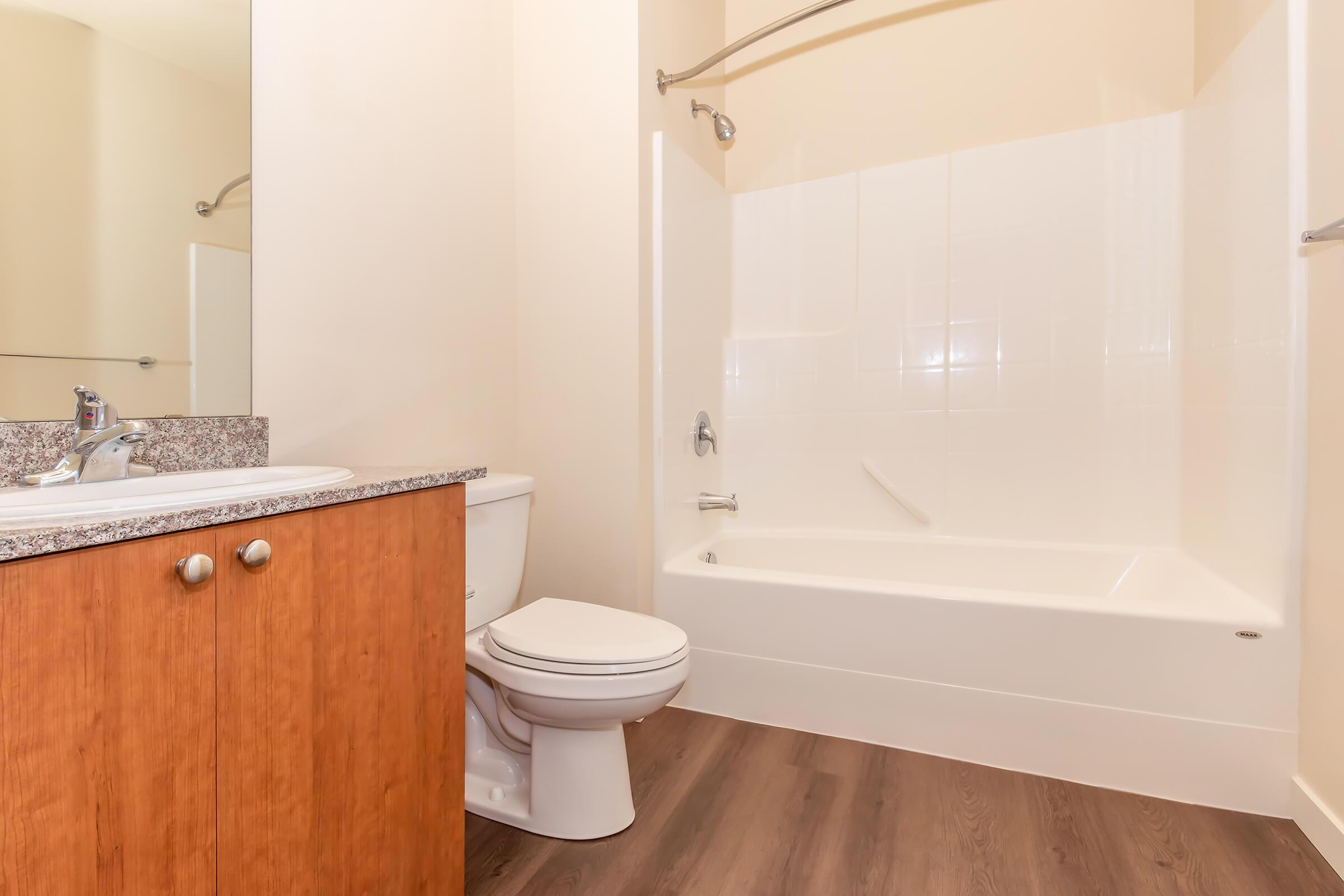 A modern bathroom featuring a white bathtub and shower with a glass panel, a granite countertop vanity with a sink, and a toilet. The walls are painted in a light color, and there is wooden flooring. The space appears clean and well-lit.