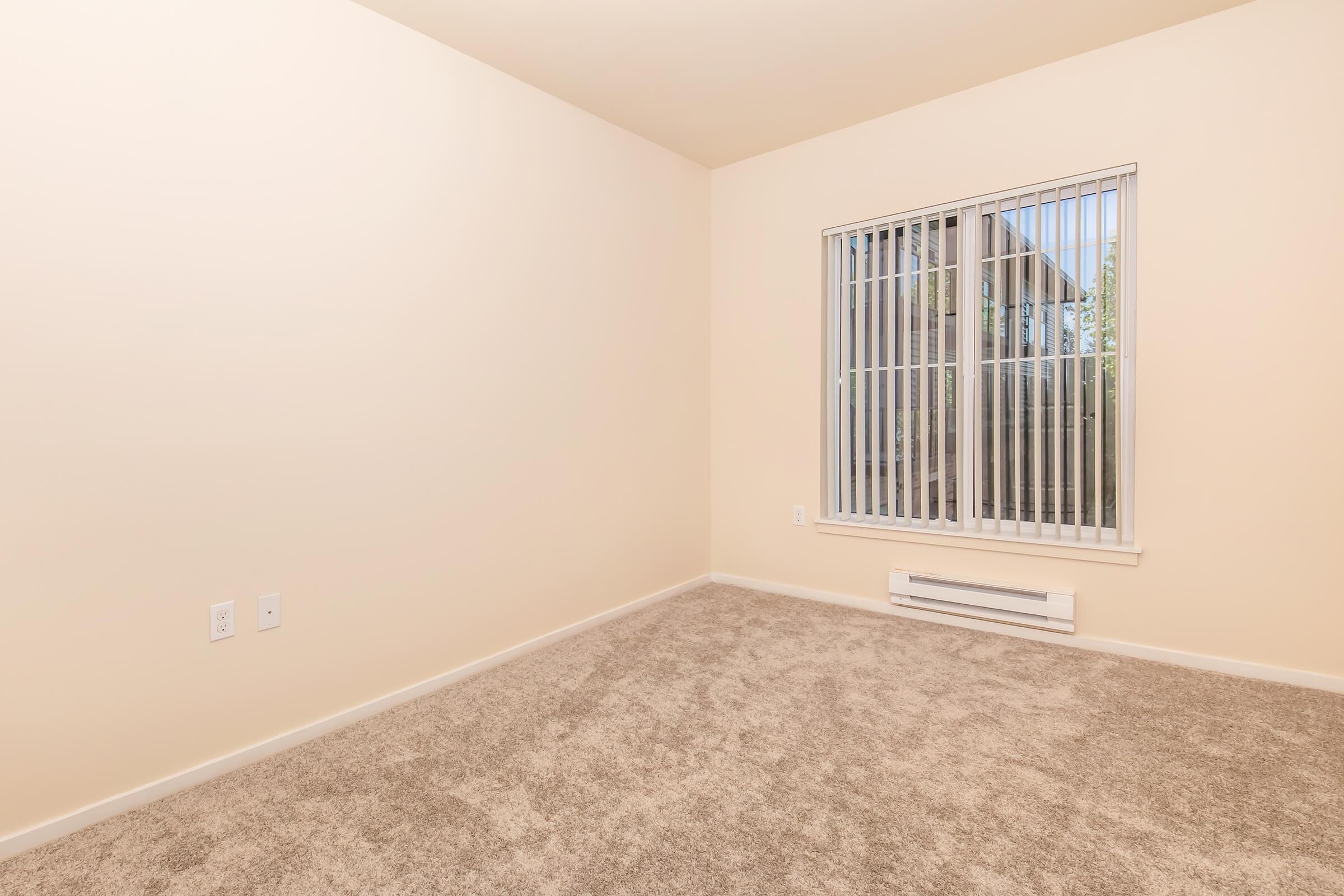 Empty room with light beige walls and carpeted flooring. A window with vertical blinds allows natural light to enter. Baseboard heating is visible along one wall, and there are two electrical outlets. The space appears clean and ready for furnishings.