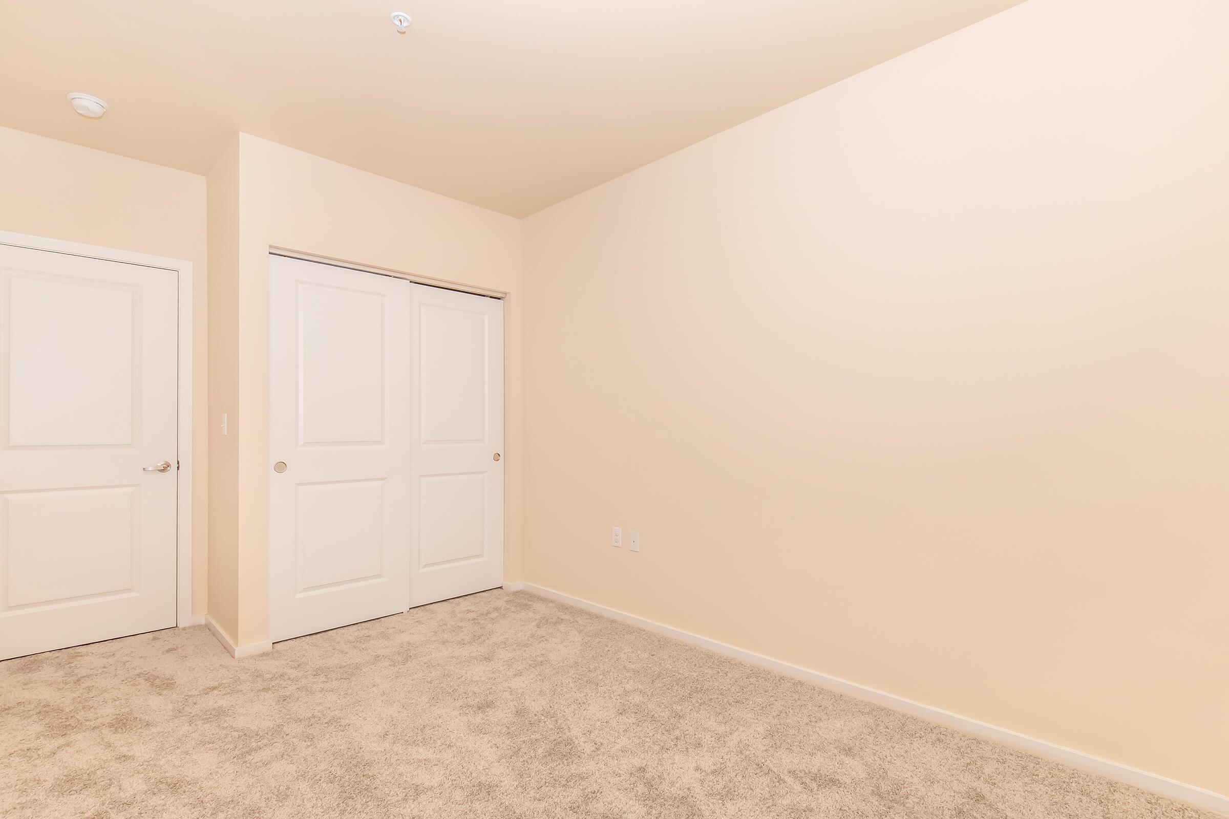 A bright, empty room with light beige walls and soft, carpeted flooring. There are two closed white doors on the left leading to closets, and the space is well-lit, creating a spacious and clean aesthetic. The room is devoid of furniture and decorations, emphasizing its potential for customization.