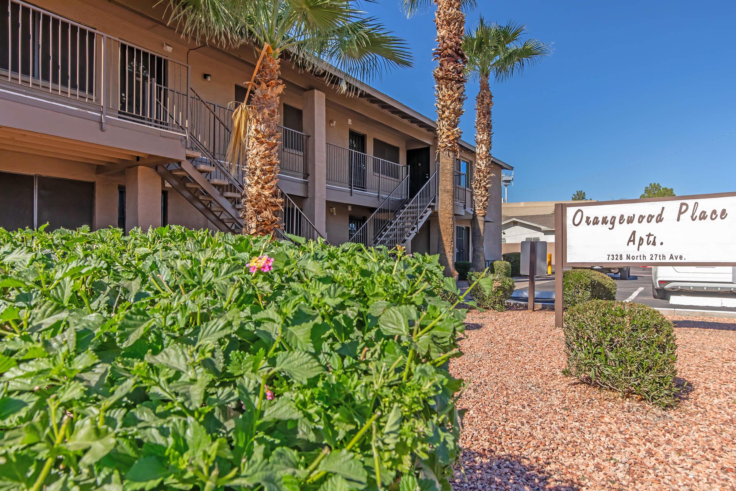 Exterior view of the Orangewood Place Apartments, featuring a sign displaying the name and address. The image shows landscaped greenery with bushes in the foreground, palm trees nearby, and a two-story building with balconies in the background under a clear blue sky.