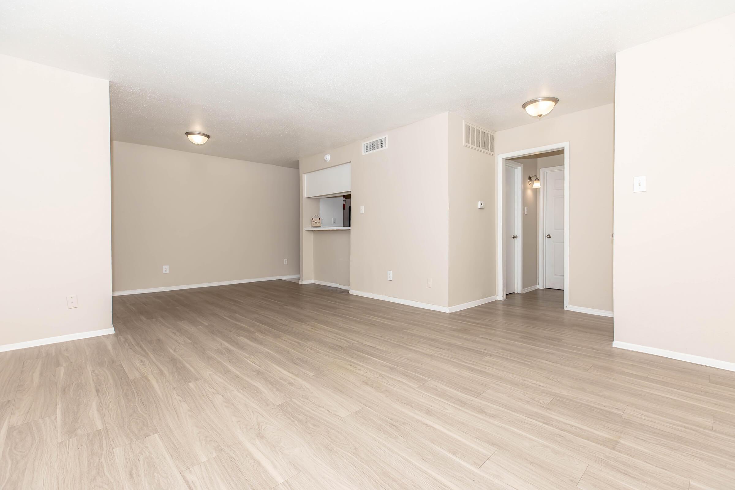 Empty living room with light-colored walls and laminate flooring. Two ceiling lights provide illumination. A small opening leads to a kitchenette, and a door on the right suggests access to a bathroom or bedroom. The space is well-lit and designed for an open layout.