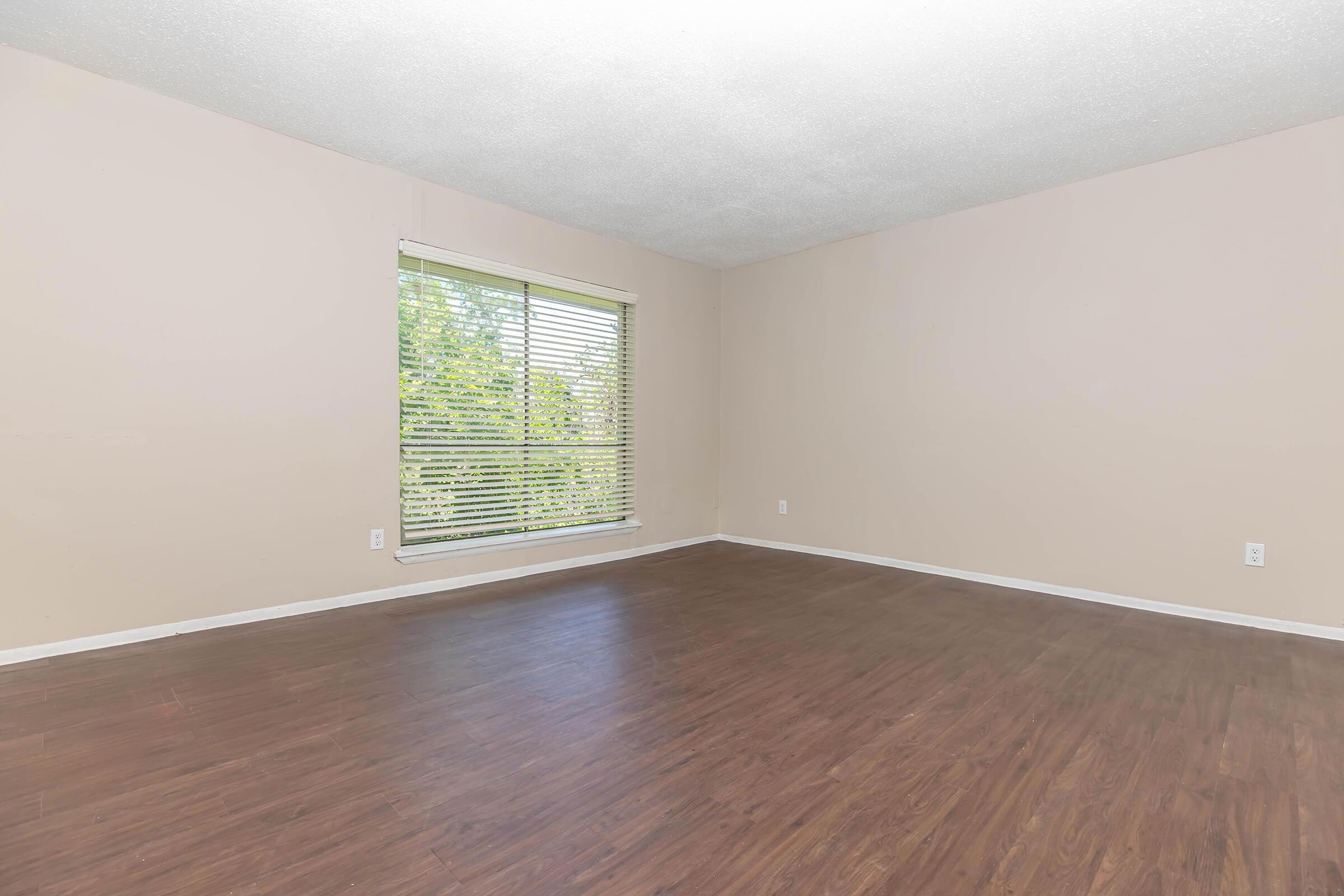 Empty room with light-colored walls and a wooden floor. A large window with blinds allows natural light to enter, offering a view of greenery outside. The space is spacious and unadorned, providing a blank canvas for potential furnishings or decoration.