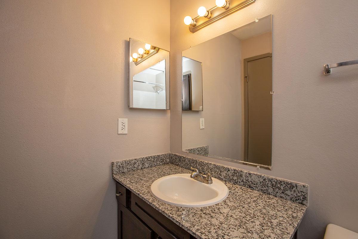 a double sink and large mirror