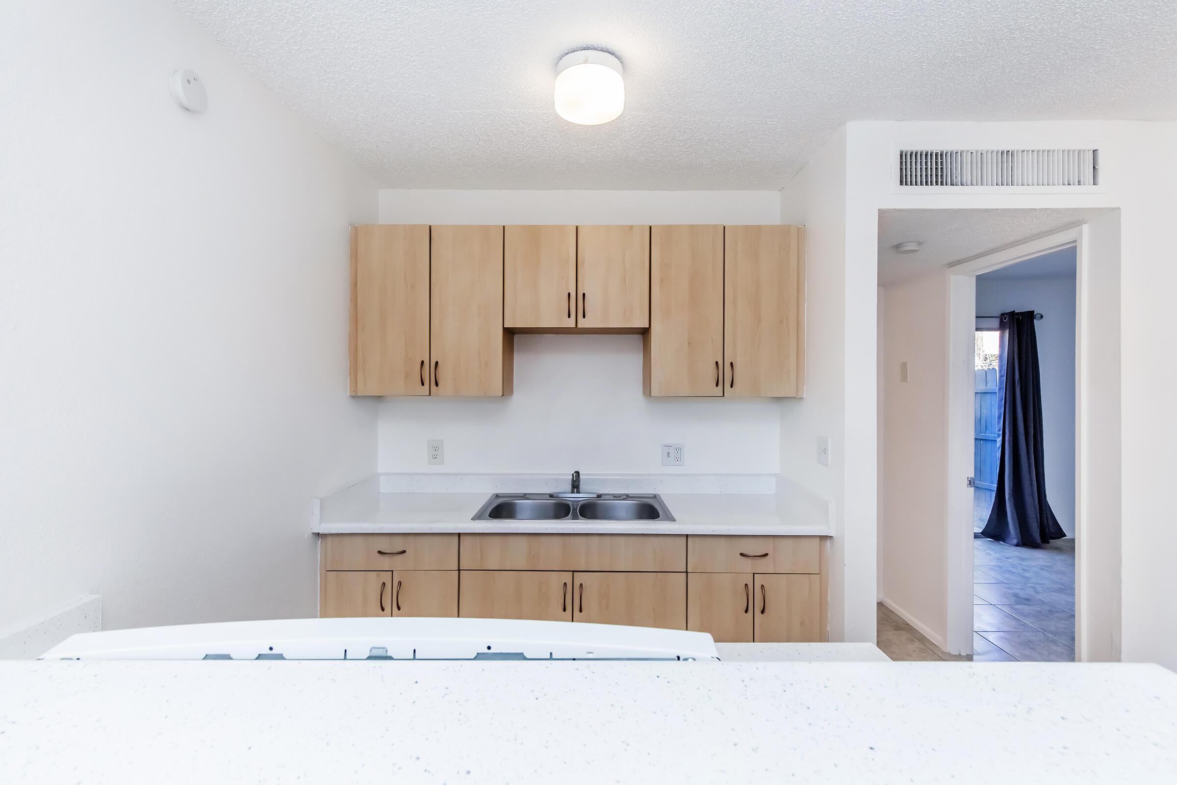 A modern kitchen featuring light wood cabinets, a double sink, and a countertop. The kitchen is partially open to a hallway leading to another room with a door and a window. The walls are painted white, and the flooring is light tiled. A ceiling light provides bright illumination.