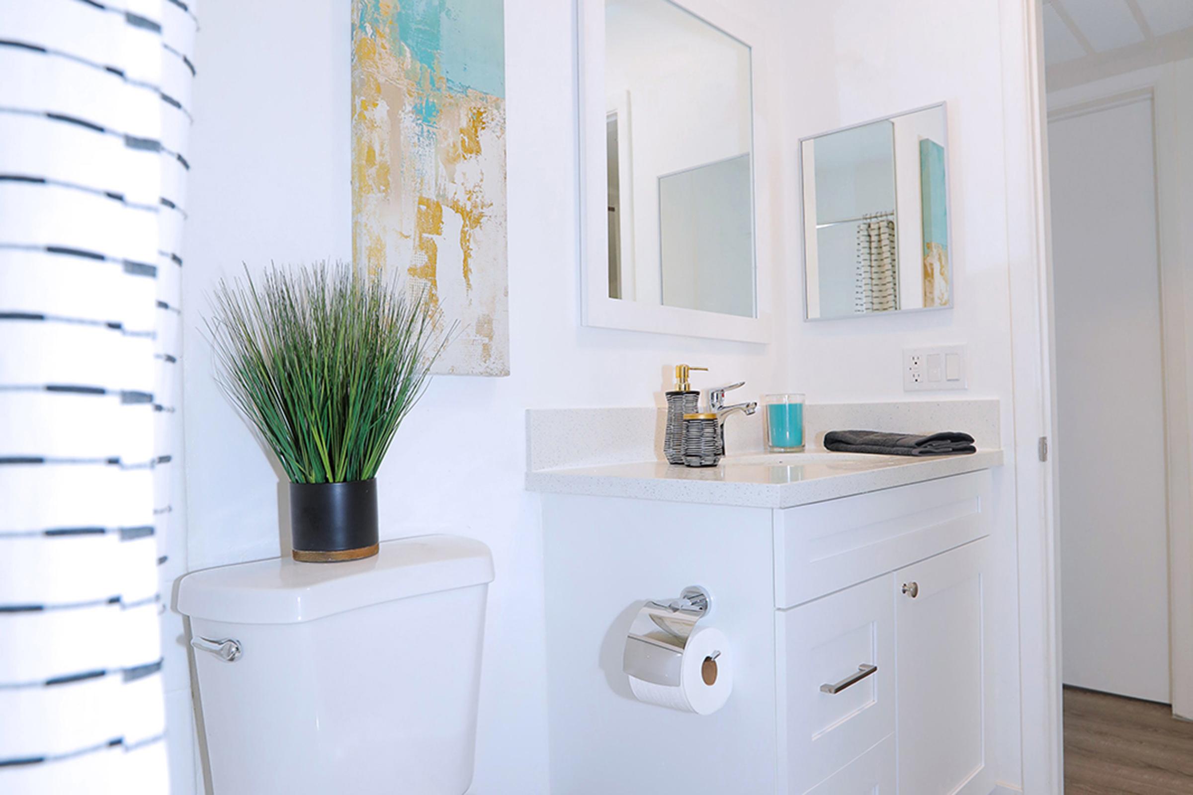 A modern bathroom featuring a white vanity with a sink, a large mirror above, and a decorative plant. The toilet is neatly positioned beside the vanity. A colorful abstract painting decorates the wall, and a black and white striped shower curtain adds a stylish touch. Natural light brightens the space.