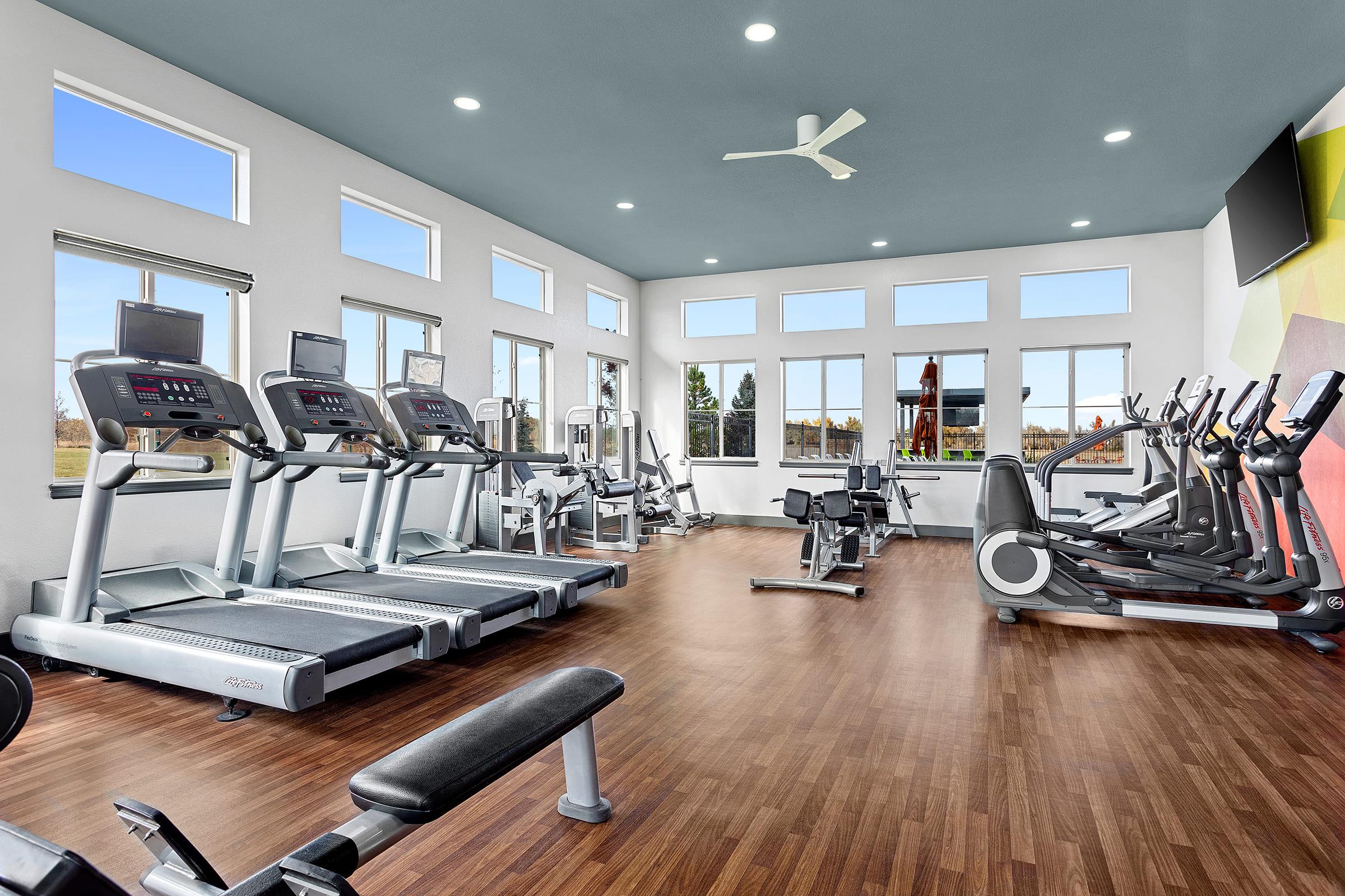 A modern gym interior featuring multiple elliptical machines and treadmills. Large windows allow natural light to flood the space, highlighting the wooden floor. The room has wall-mounted fitness equipment, a ceiling fan, and a large-screen monitor, creating a bright and inviting exercise environment.