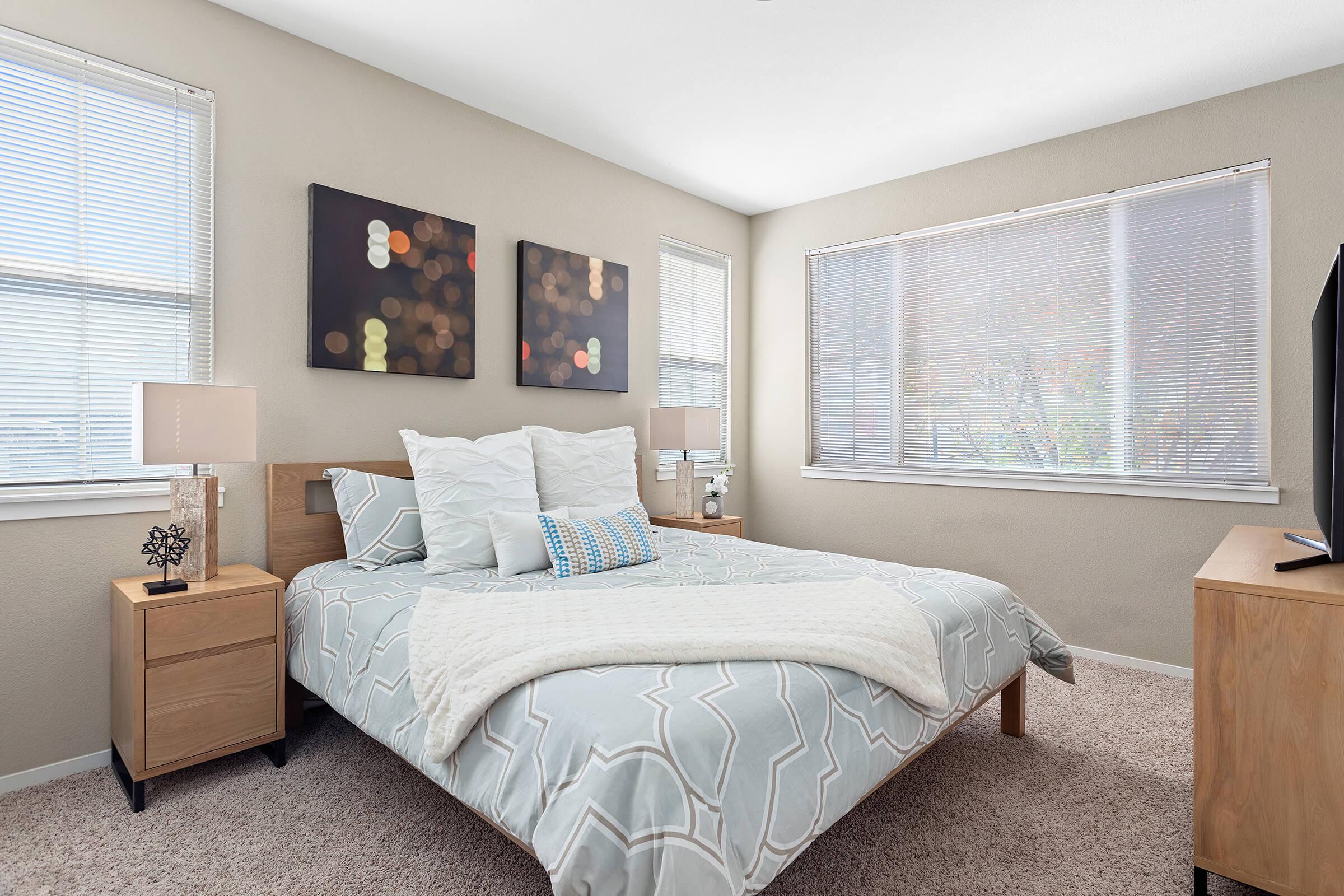 A cozy bedroom featuring a queen-sized bed with a light blue and white patterned duvet, two decorative pillows, and a soft throw blanket. There are two abstract art pieces on the wall, a wooden nightstand with a plant, and a media console with a television. Natural light streams in through large windows.