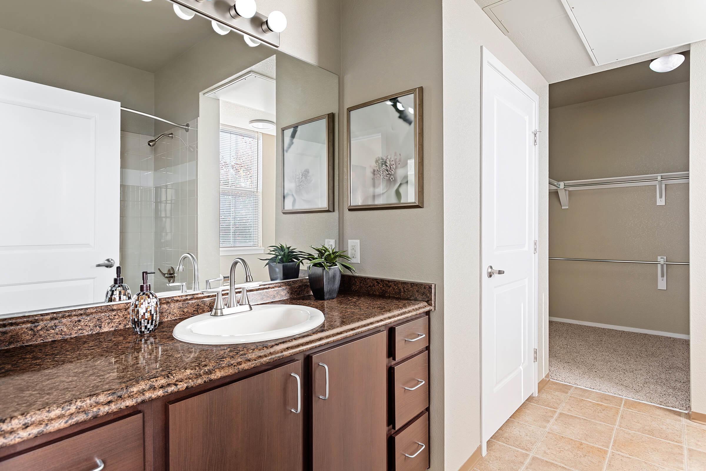 A modern bathroom featuring a sink with a dark wood vanity, two mirrors, and a decorative plant. There is a spacious shower visible in the background, and an open closet with shelving is seen on the right. The walls are painted in a neutral tone, creating a bright and inviting atmosphere.