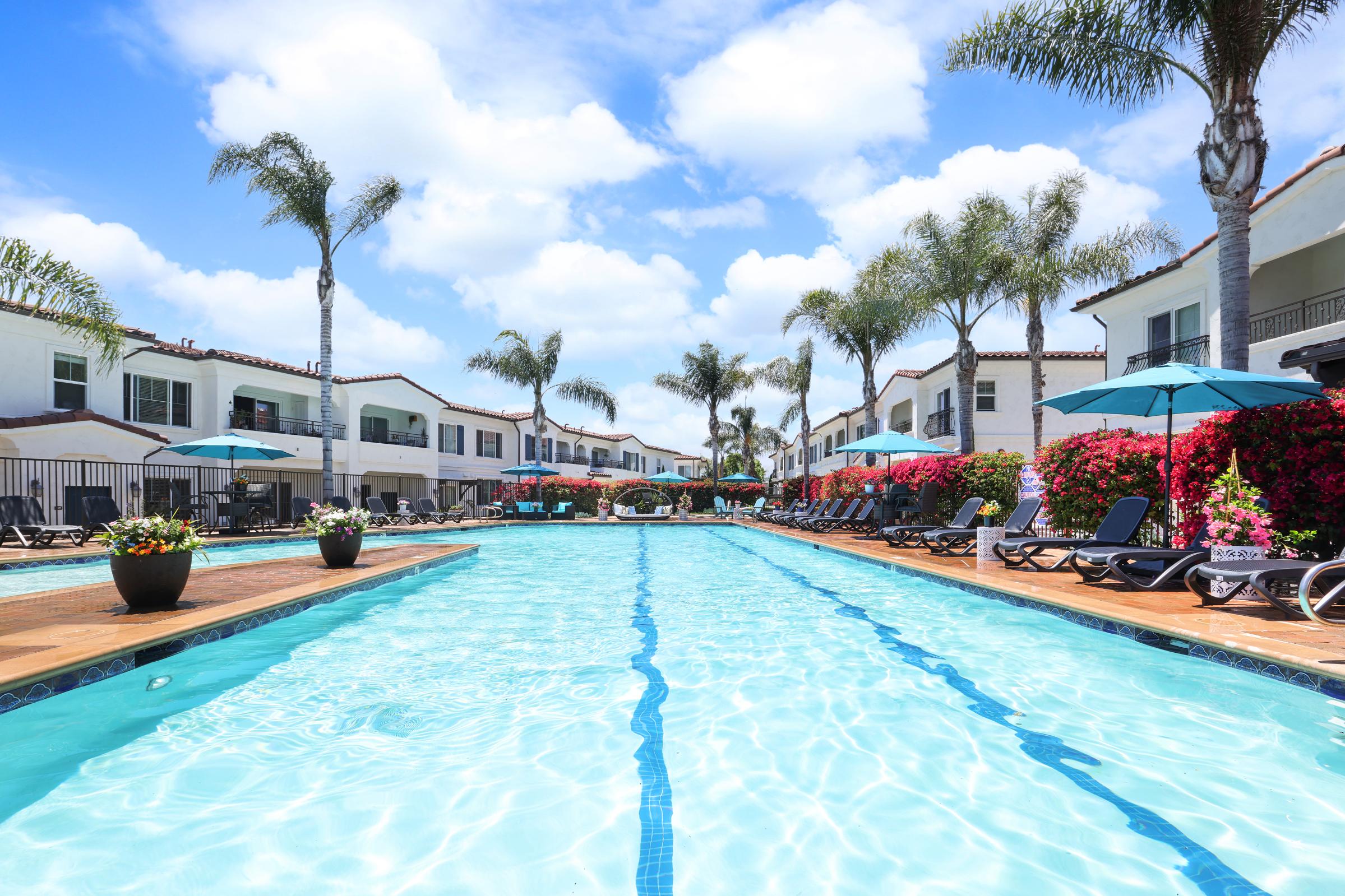 A bright outdoor pool area surrounded by palm trees and colorful flowering plants. Lounge chairs line the pool sides, and umbrellas provide shade. In the background, residential buildings with balconies are visible under a partly cloudy blue sky.