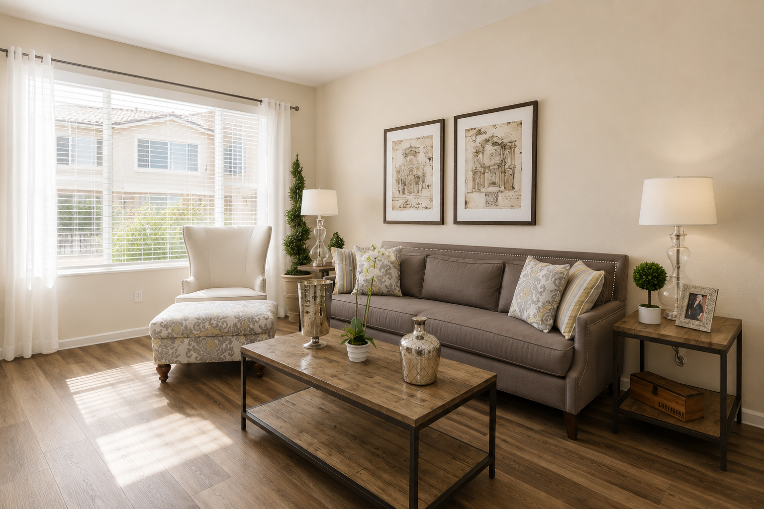 A cozy living room featuring a neutral color palette. There’s a plush gray sofa adorned with decorative pillows, a stylish accent chair, and a wooden coffee table. Natural light streams in through a large window, illuminating framed art on the walls, houseplants, and decorative vases.