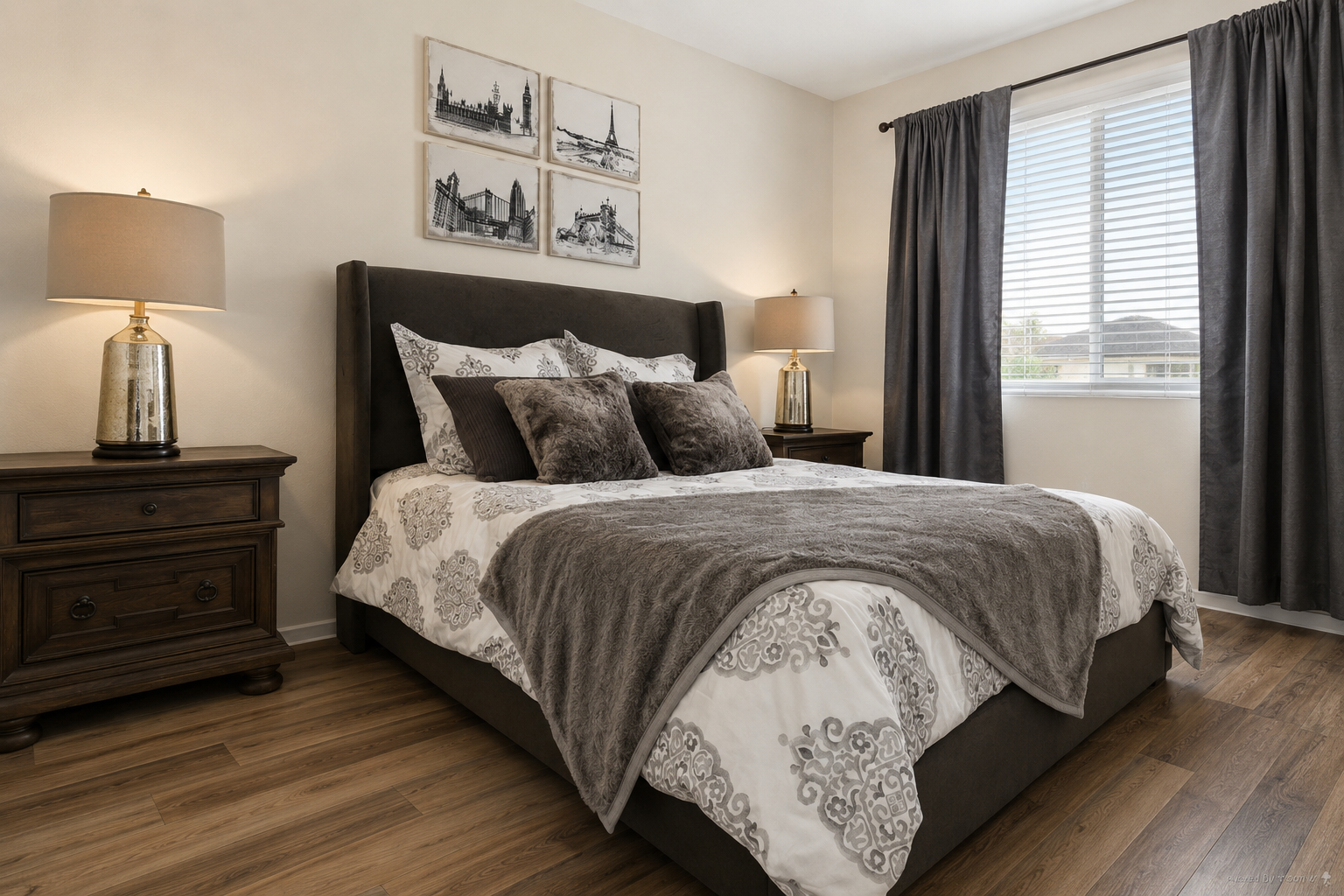 A cozy bedroom featuring a large bed with decorative pillows and a grey throw blanket. There are two bedside tables with lamps on each side. The room is adorned with wall art depicting cityscapes and has a window with natural light flowing in, complemented by dark curtains and wooden flooring.