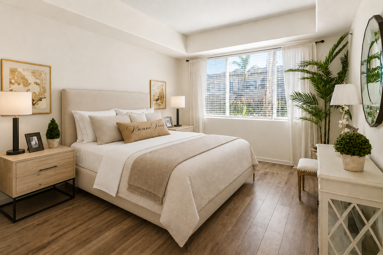 A bright and inviting bedroom featuring a queen-sized bed with a beige headboard and decorative pillows. There are two bedside lamps on matching nightstands, a window with sheer curtains allowing natural light, and lush green plants. Decorative wall art and a small console table add a stylish touch to the space.