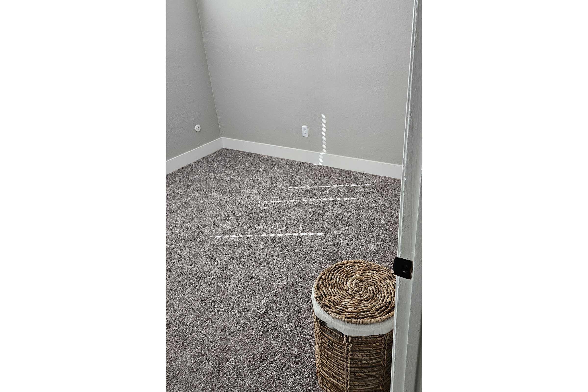A sunlit corner of a room with light gray walls and plush carpet. A woven basket sits on the floor, and light streams in through a nearby door, casting a pattern on the carpet. The space appears empty and inviting, with a clean and minimalist aesthetic.