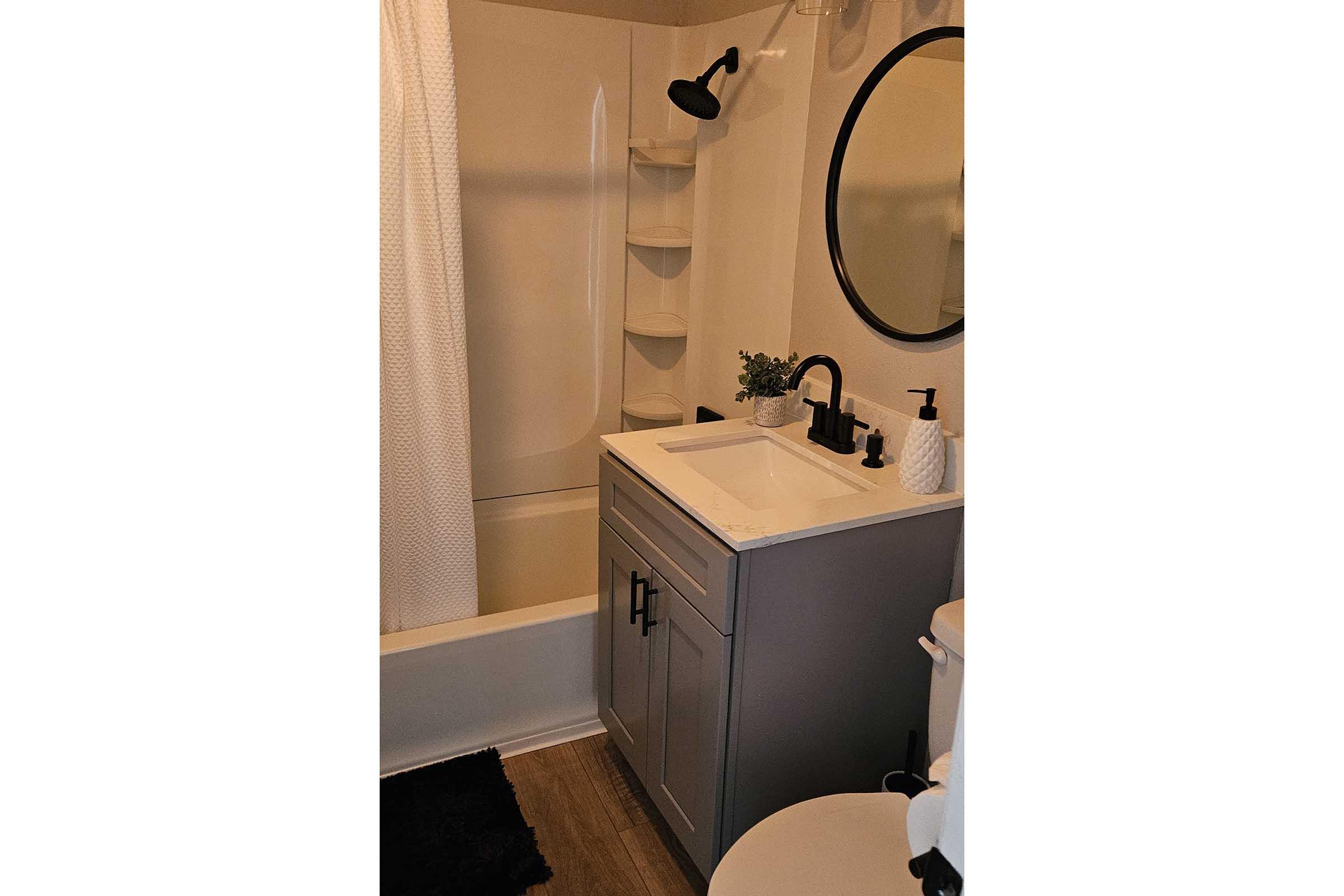 A modern bathroom featuring a gray vanity with a white countertop, a round mirror, a black faucet, and a small plant. The bathtub has a white shower curtain, and there are built-in shelves visible. The floor is covered with a black mat, and a toilet is positioned to the right.