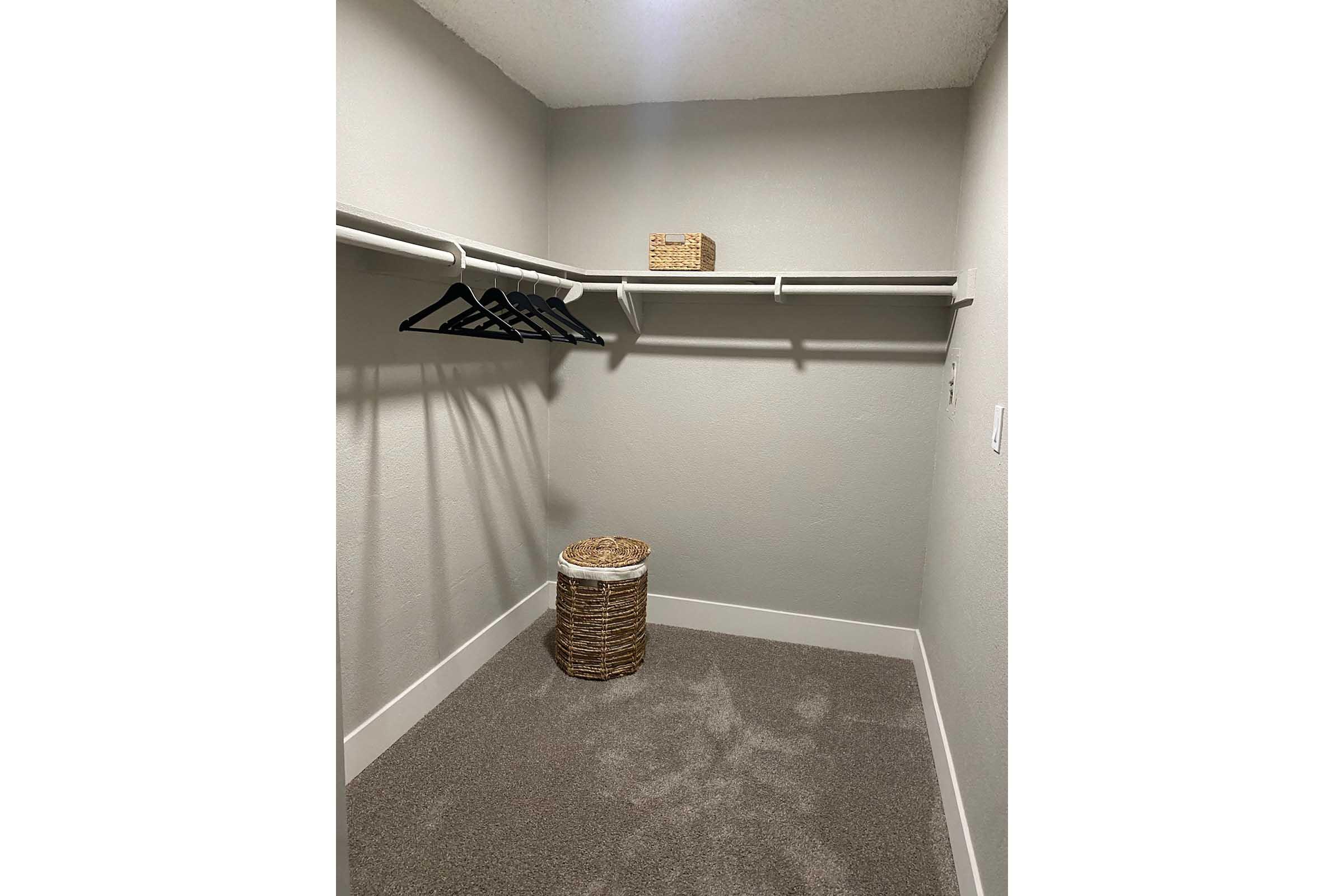 An empty closet featuring a simple design with gray walls and carpet. It has a single shelf with several hangers and a wicker basket on the floor, next to a laundry basket. The space is well-lit, giving it a clean and organized appearance.