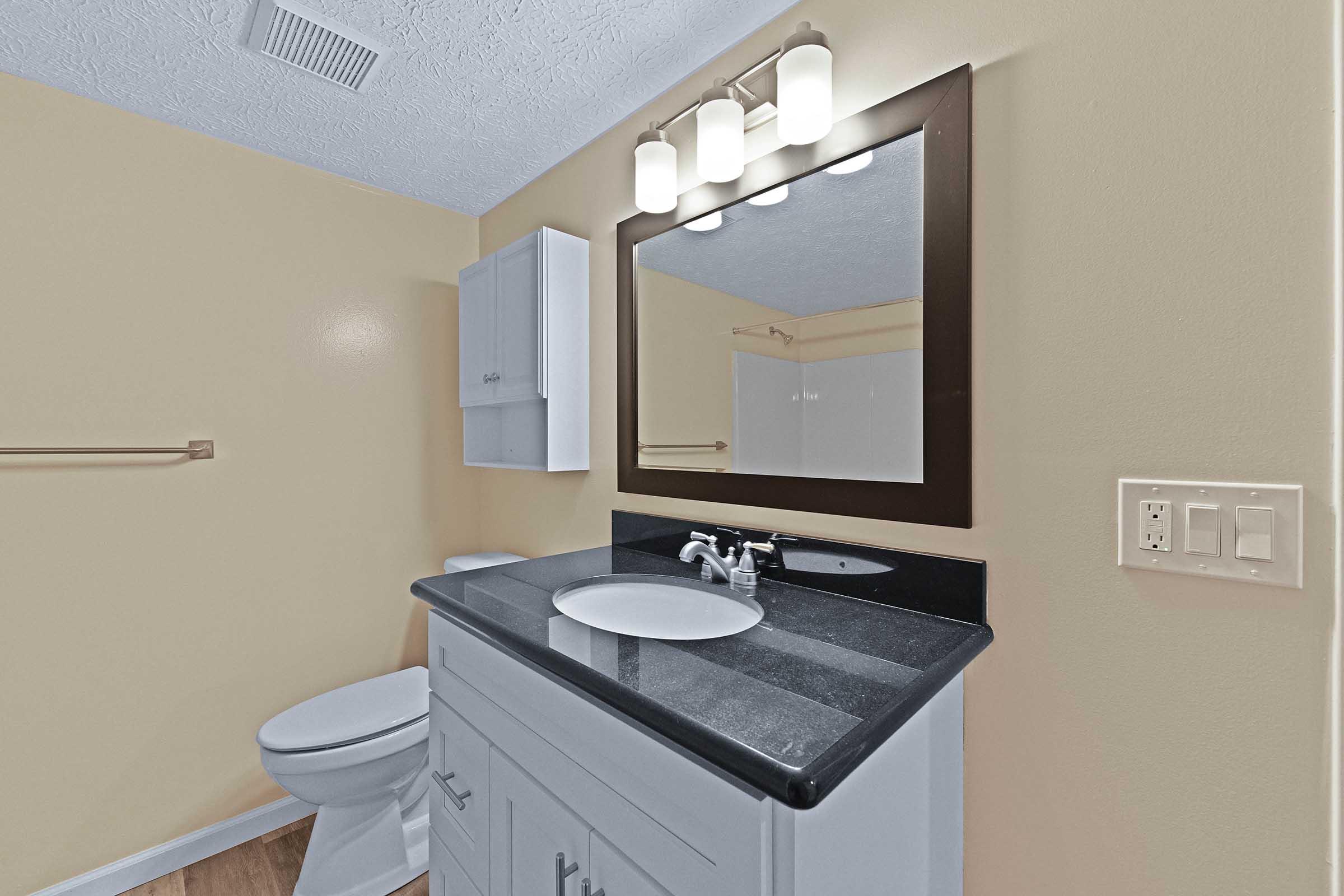 A modern bathroom featuring a dark countertop with a circular sink, a framed mirror, and overhead lights. There's a white cabinet, a toilet, and a towel bar on the wall, all set against a light beige wall with a hardwood floor.