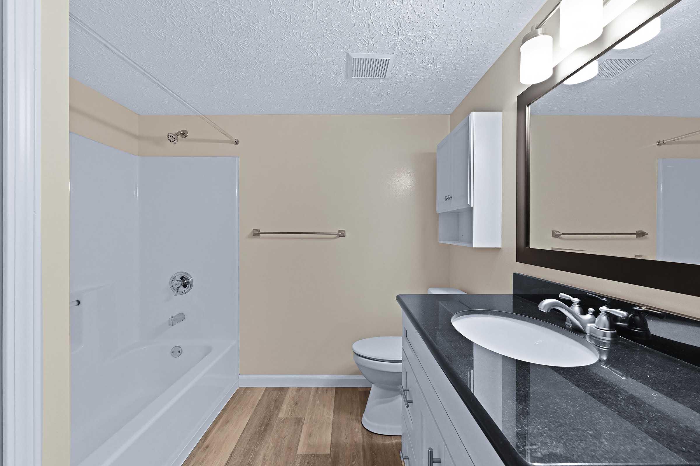 A clean, modern bathroom featuring a bathtub with a shower, a toilet, a vanity with a circular sink, and a large mirror above. The walls are a soft beige, and the flooring is light wood. There is also a cabinet for storage and bright lighting fixtures above the mirror.