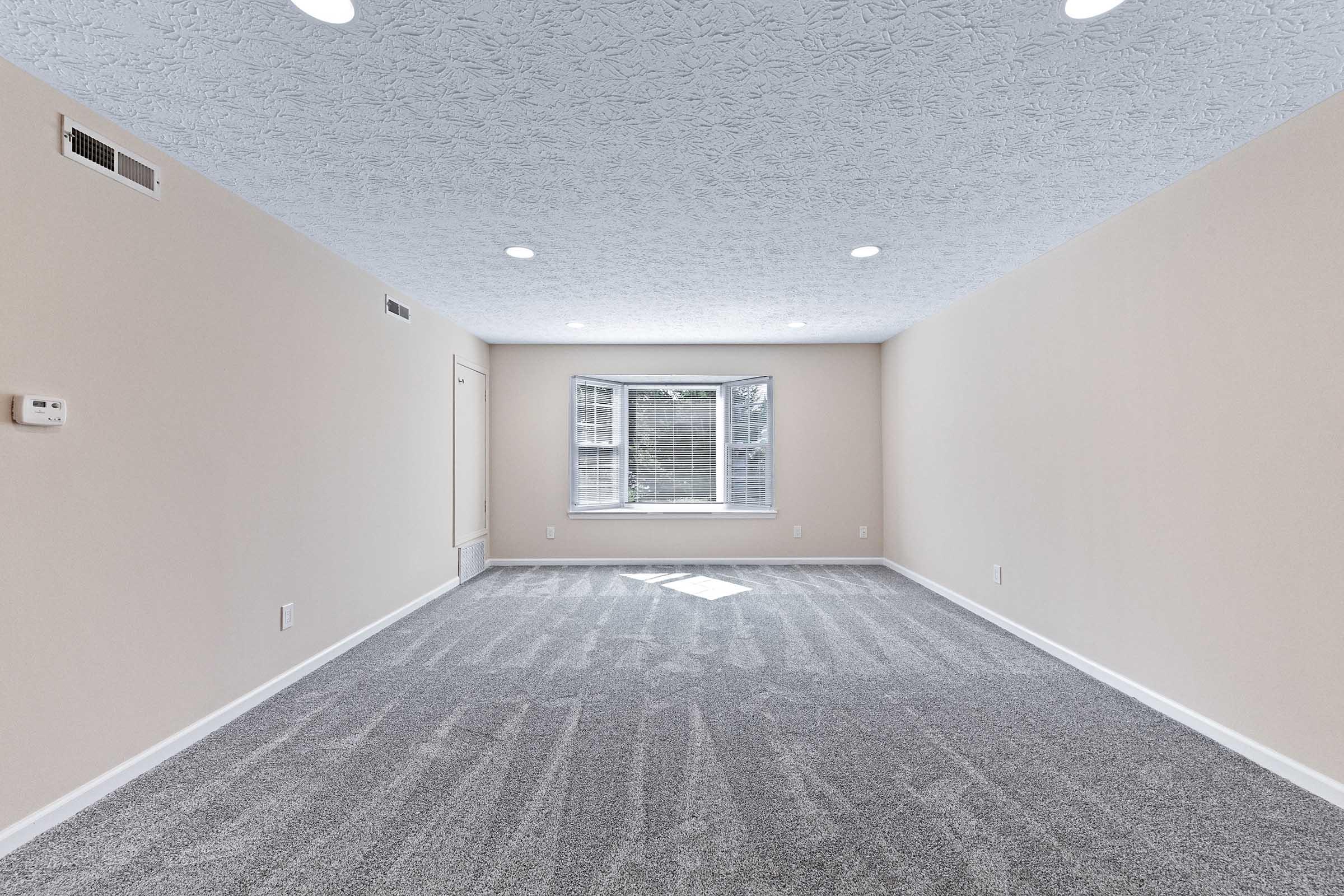 A spacious, empty room with light gray carpet and beige walls. The room features a large window with multiple panes, allowing natural light to fill the space. The ceiling has recessed lighting, and there is a wall-mounted thermostat visible. The overall ambiance is bright and inviting, perfect for personalization.
