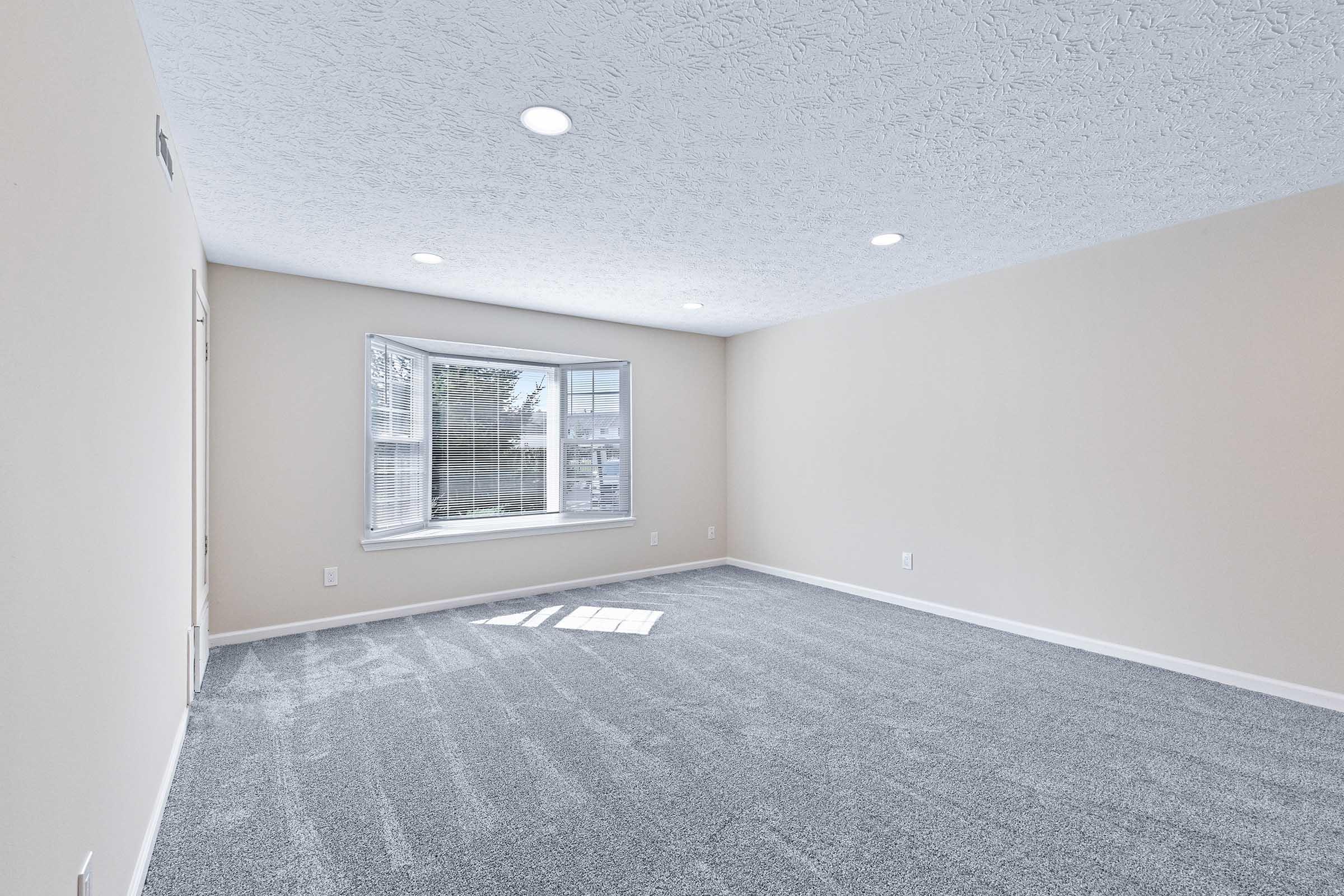 A spacious, empty room with light gray carpet and light-colored walls. A large bay window allows natural light to fill the space, which is well-lit with ceiling lights. The room features a textured ceiling and is free of furniture, creating an open and airy atmosphere.