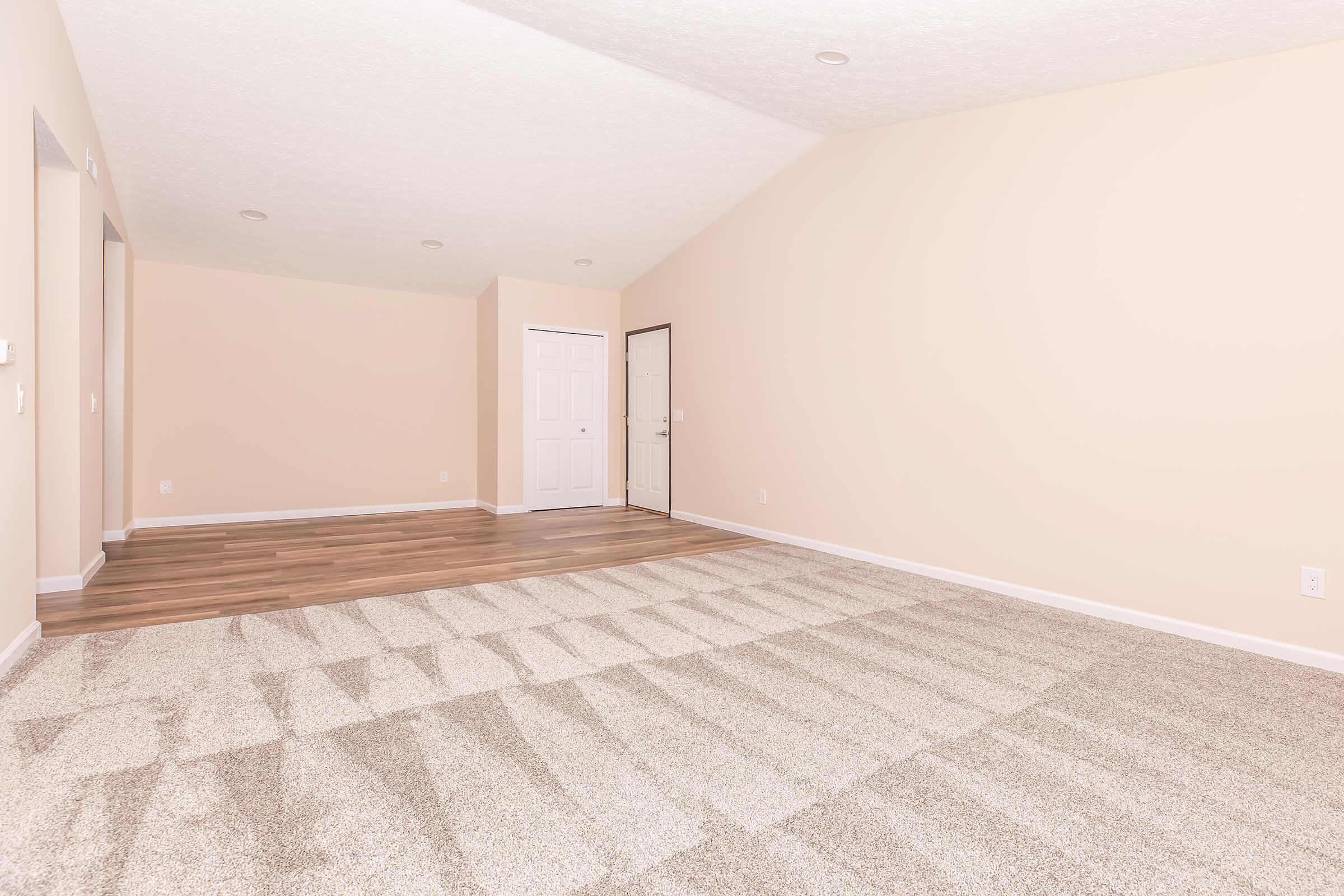 A spacious, empty room with light beige walls and a high ceiling. The floor features a light-colored carpet, and there are large openings for doorways. Natural light filters in, enhancing the airy feel of the space. The overall atmosphere is clean and ready for decoration or furniture placement.
