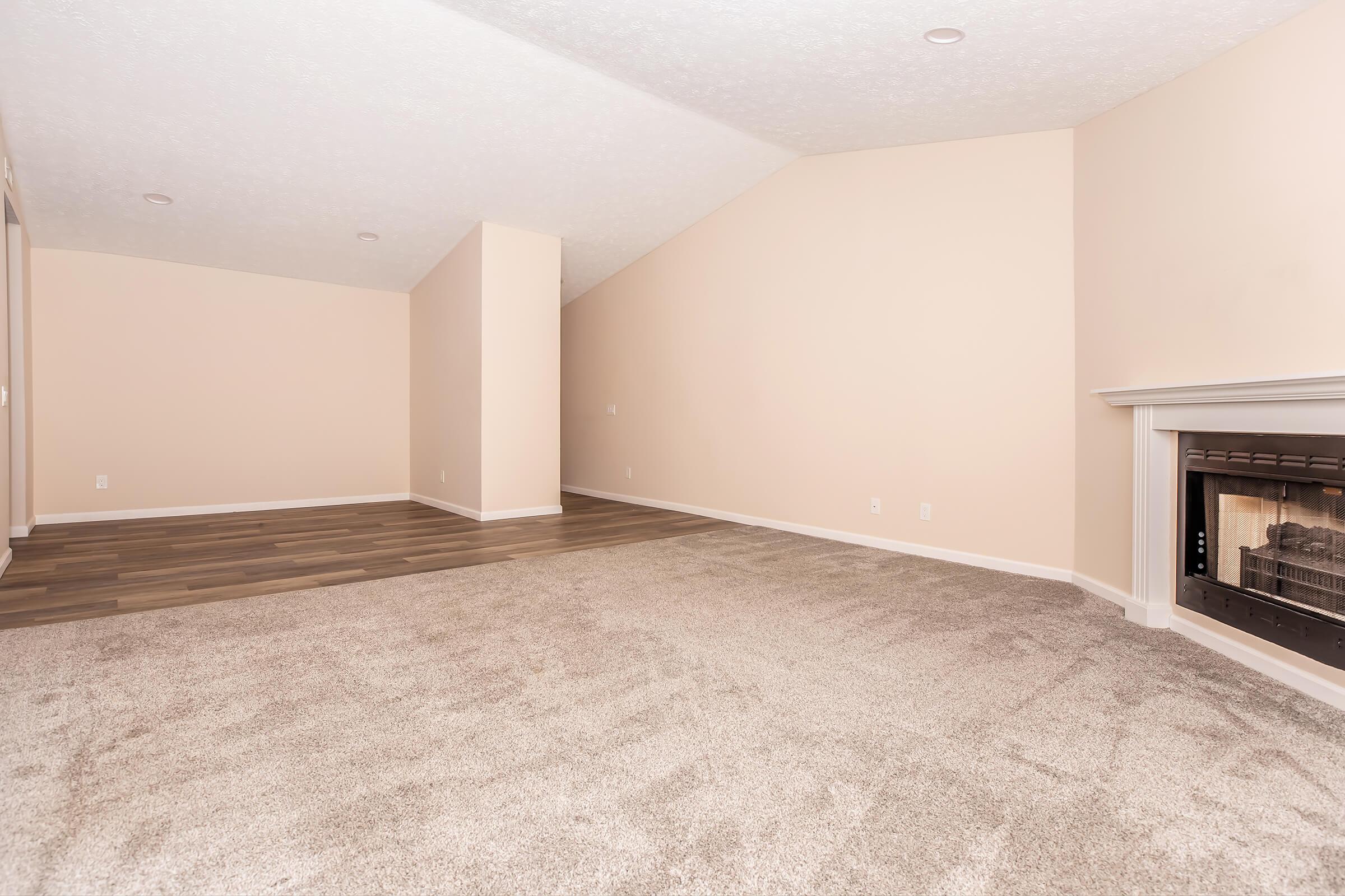 A spacious, empty room featuring light peach walls and a carpeted floor. The room has a high, sloped ceiling and a modern fireplace on one side. There's ample natural light, creating a bright and open atmosphere, perfect for decorating or furnishing.