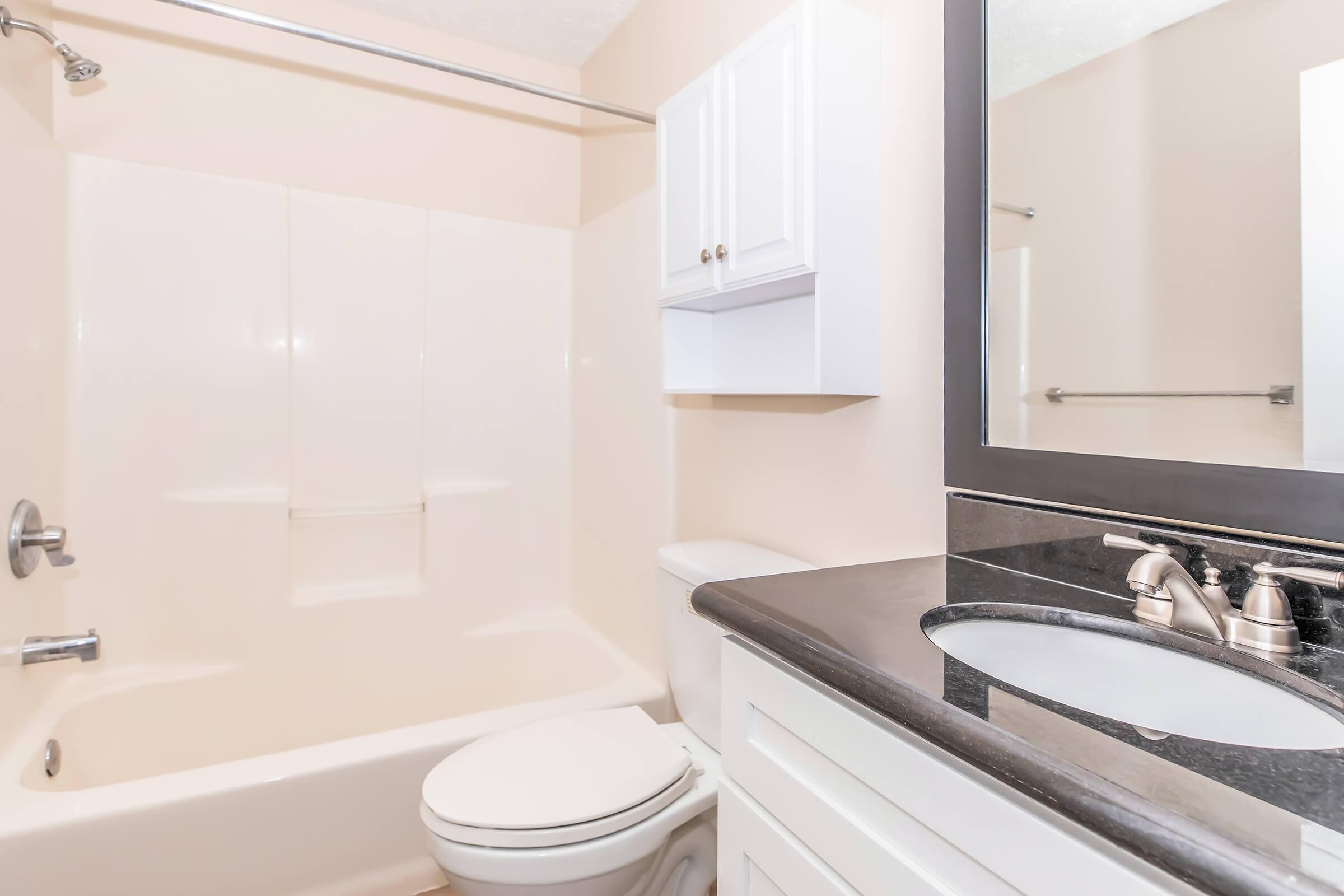 A clean, modern bathroom featuring a bathtub with a showerhead, a white toilet, and a vanity with a sink and dark countertop. The walls are painted a light color, and there are white cabinets above the toilet for storage. A large mirror is mounted above the sink.
