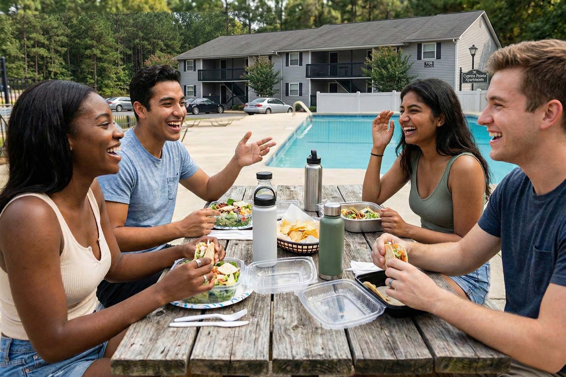 A group of four young adults enjoying a meal together outdoors near a swimming pool. They are sitting at a wooden table with plates of food, laughing and engaging in conversation. The setting features greenery and an apartment building in the background, creating a relaxed social atmosphere.