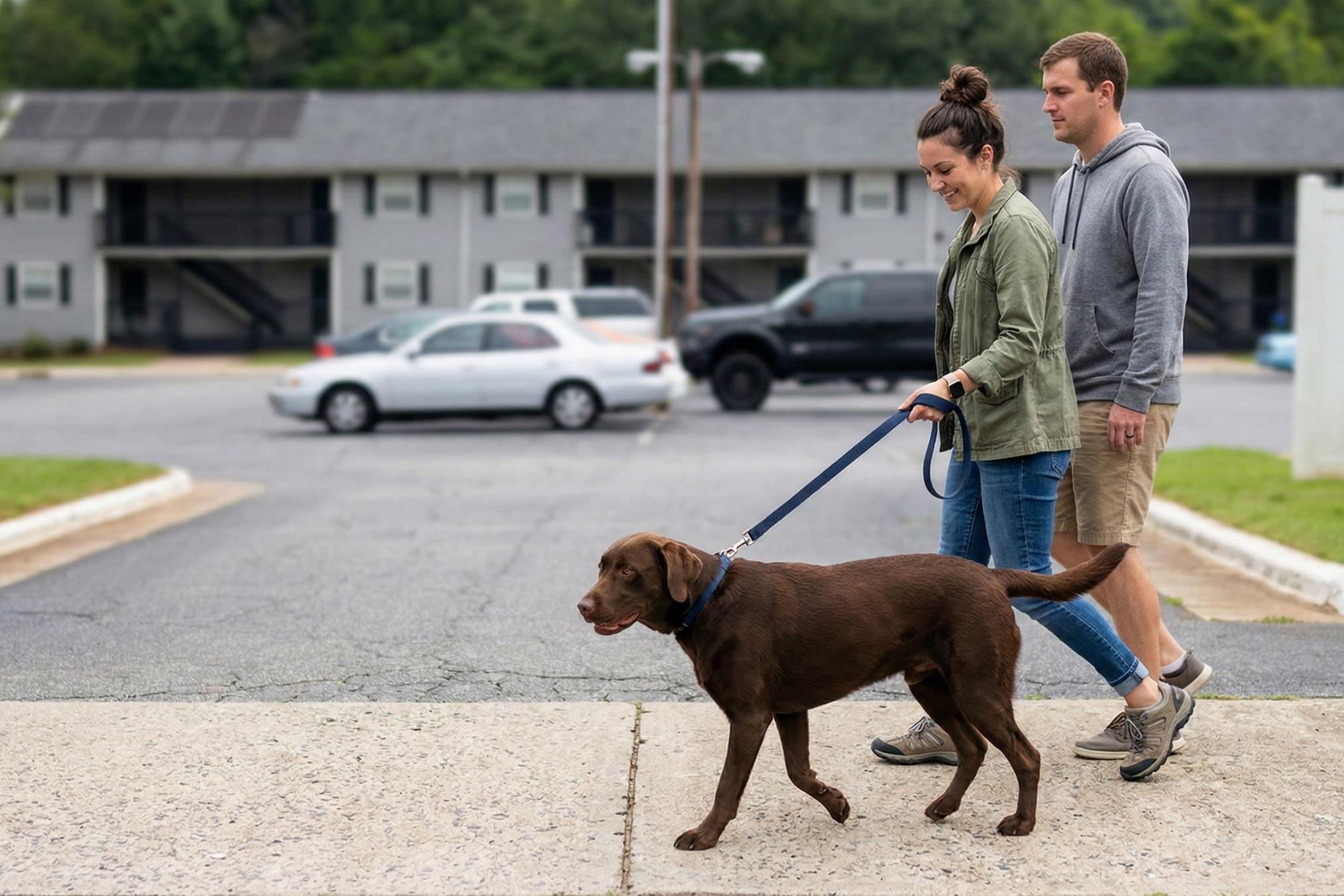 A woman and a man walking a brown Labrador retriever on a leash in a residential area. The woman is wearing a green jacket and the man is in casual clothing. In the background, there are parked cars and a multi-unit building.