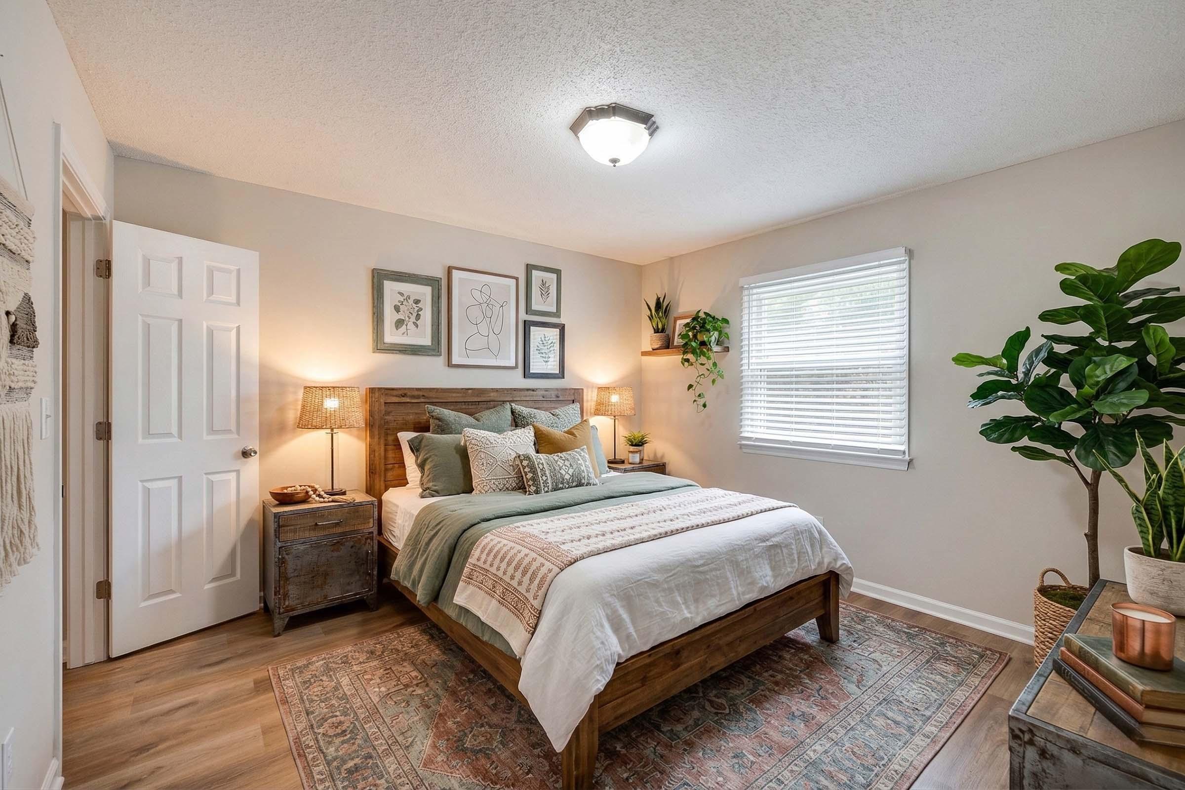 Cozy bedroom featuring a wooden bed with green and neutral bedding, decorative pillows, and framed artwork on the walls. A bedside table with a lamp and a potted plant are present, along with a woven wall hanging. Natural light streams through a window adorned with blinds, highlighting the warm wood flooring.