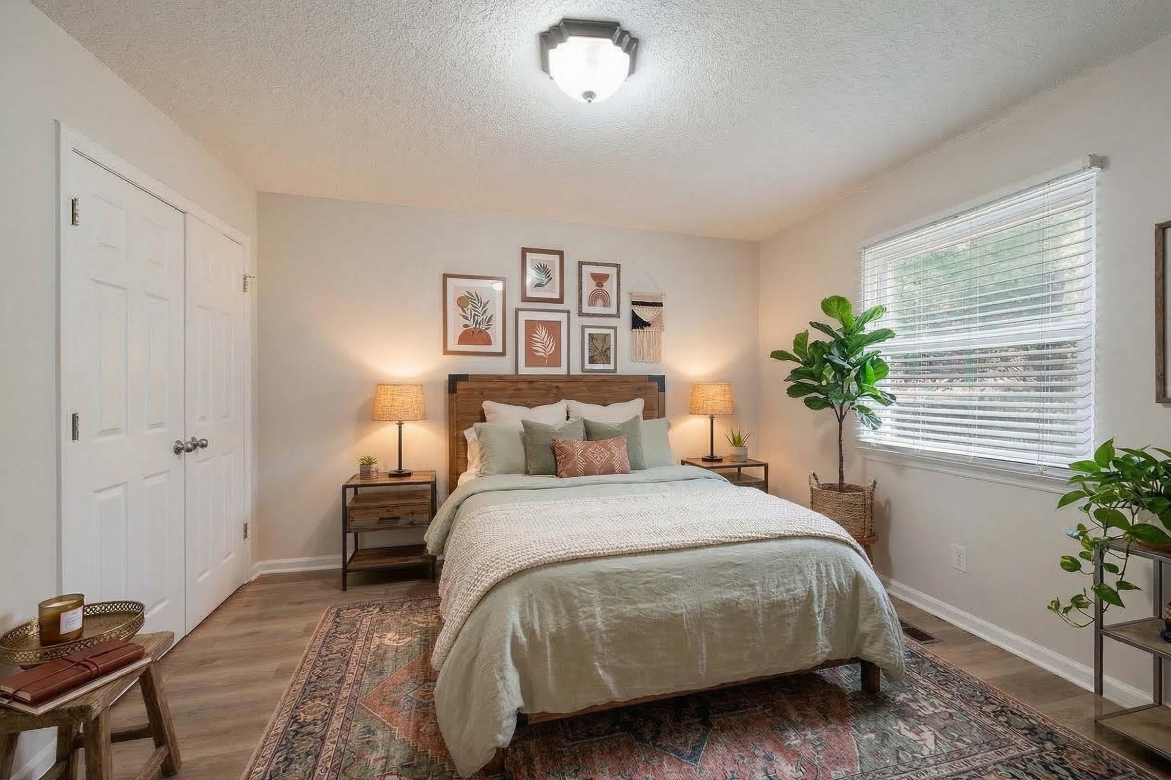 A cozy bedroom featuring a wooden bed frame with a light green comforter, decorative pillows, and two bedside lamps. The walls are adorned with framed artwork and a potted plant adds a touch of greenery. Natural light streams in through a window with white blinds, and a patterned rug complements the warm, inviting space.