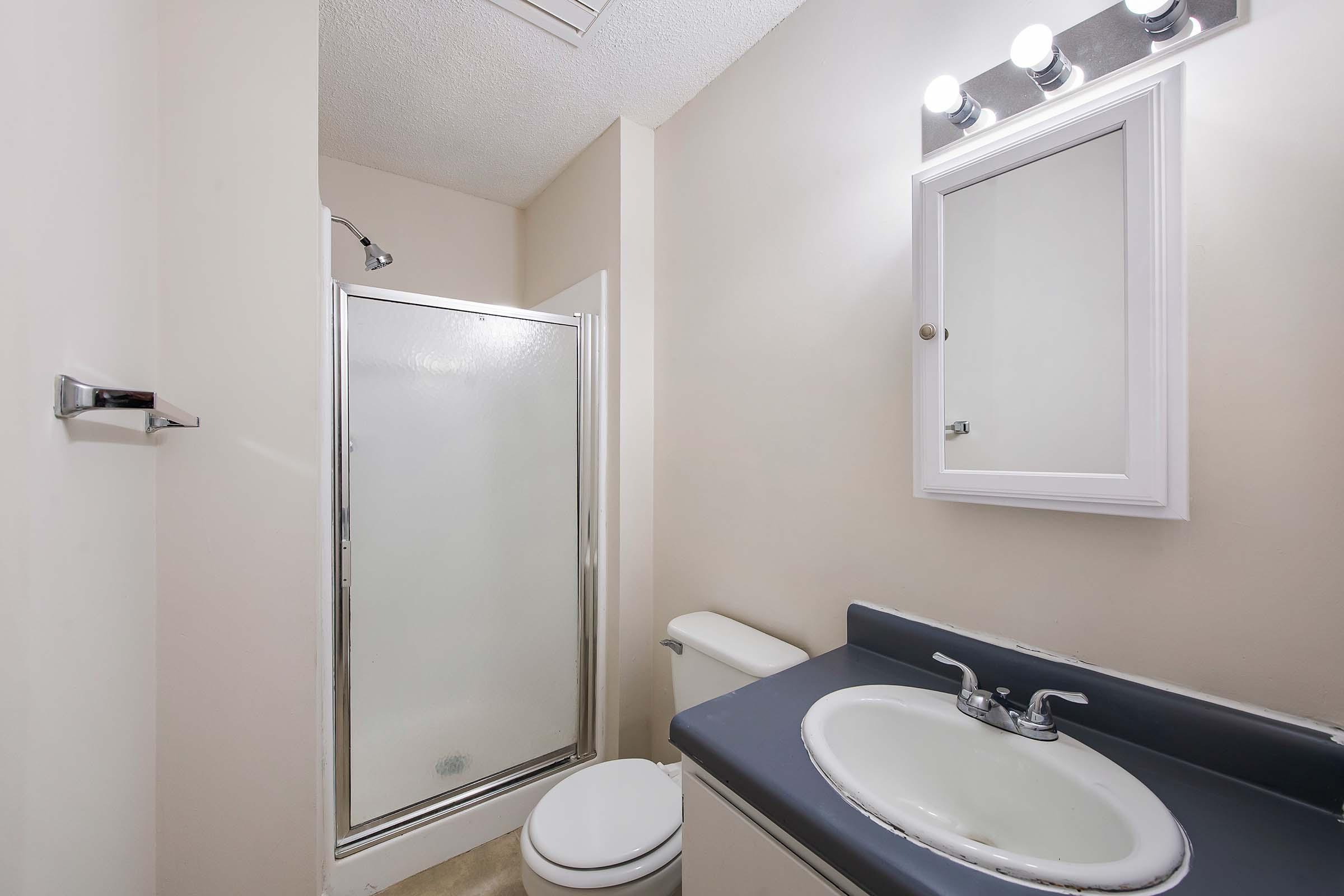 A small bathroom featuring a shower stall with clear glass doors, a toilet, and a sink with a dark countertop. The walls are painted in a light color, and there is a mirror above the sink, flanked by three light fixtures. The overall space appears clean and modern.