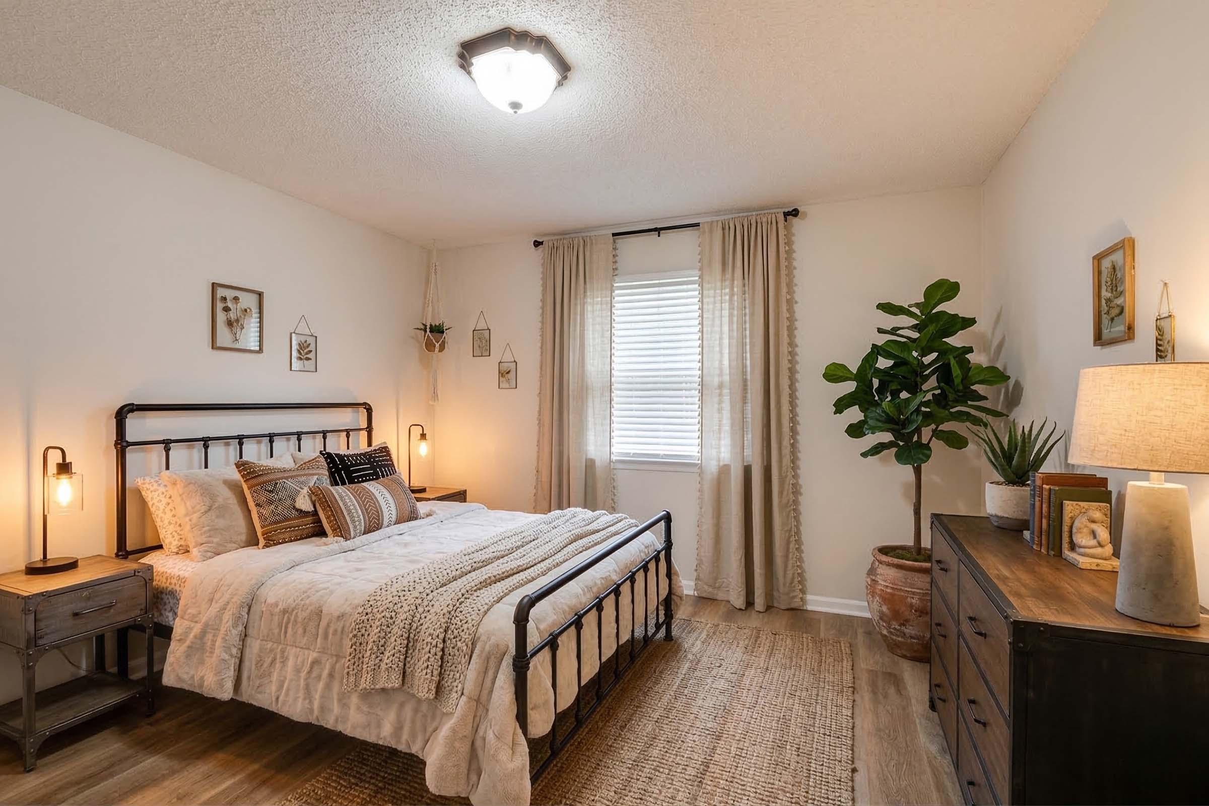 A cozy bedroom interior featuring a metal bed frame with white bedding, two decorative pillows, and a textured throw. The room includes a wooden nightstand with a lamp, a potted plant, a dresser, and soft curtains filtering natural light from a window. The floor is adorned with a woven area rug, and the walls display framed artwork.