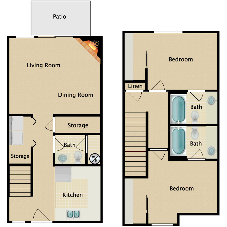 Floor plan image of 2 Bedroom 2.5 Bathroom Small Townhome