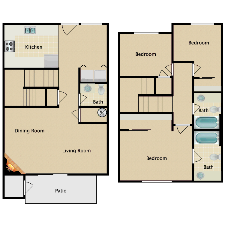 Floor plan image of 3 Bedroom 2.5 Bathroom Townhome