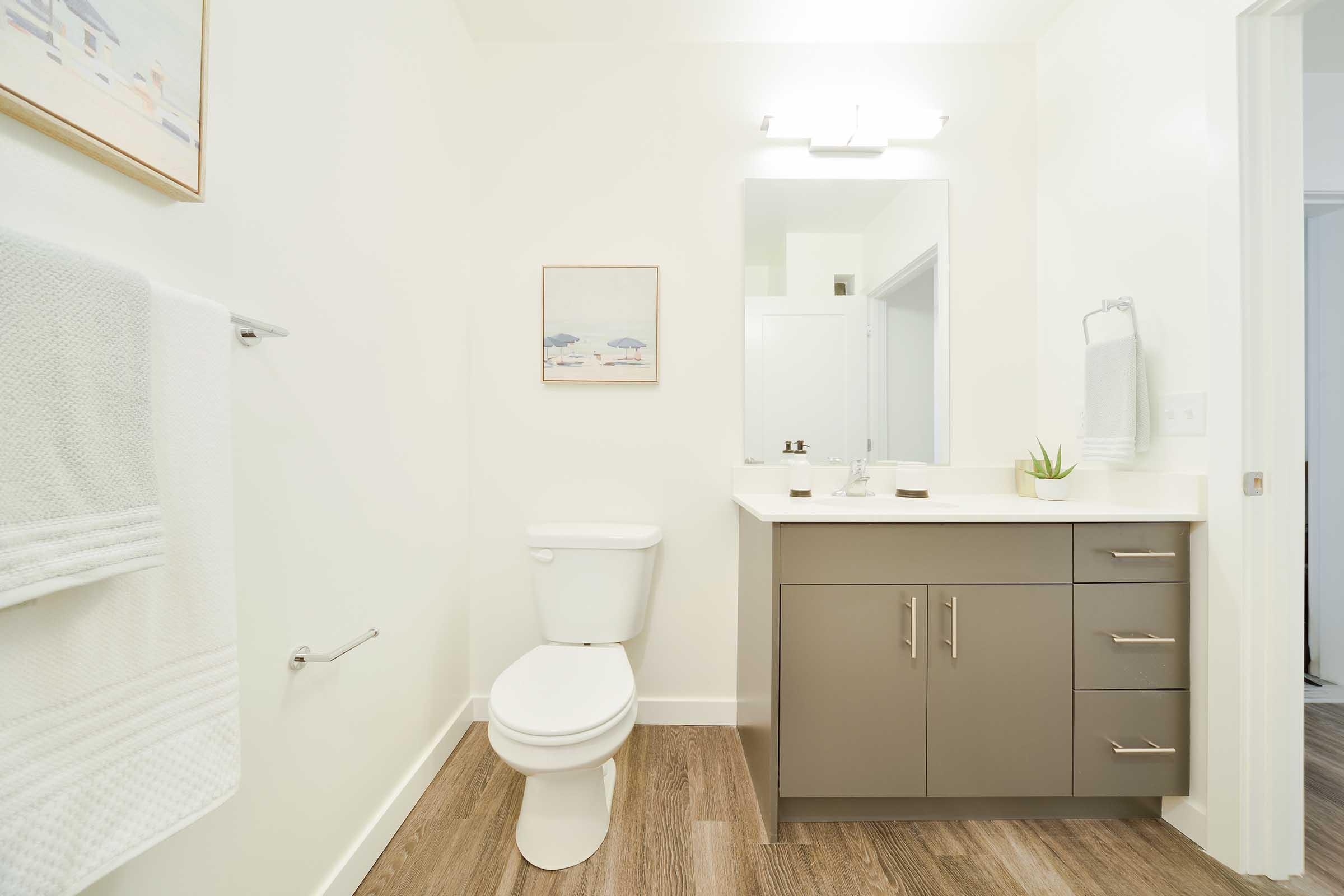 A modern bathroom featuring a white toilet, a sleek vanity with drawers, and a mirror above it. The walls are painted light, and there is a towel rack with a white towel. A small plant is on the countertop, and a piece of artwork hangs on the wall. The floor has a wood-like finish.