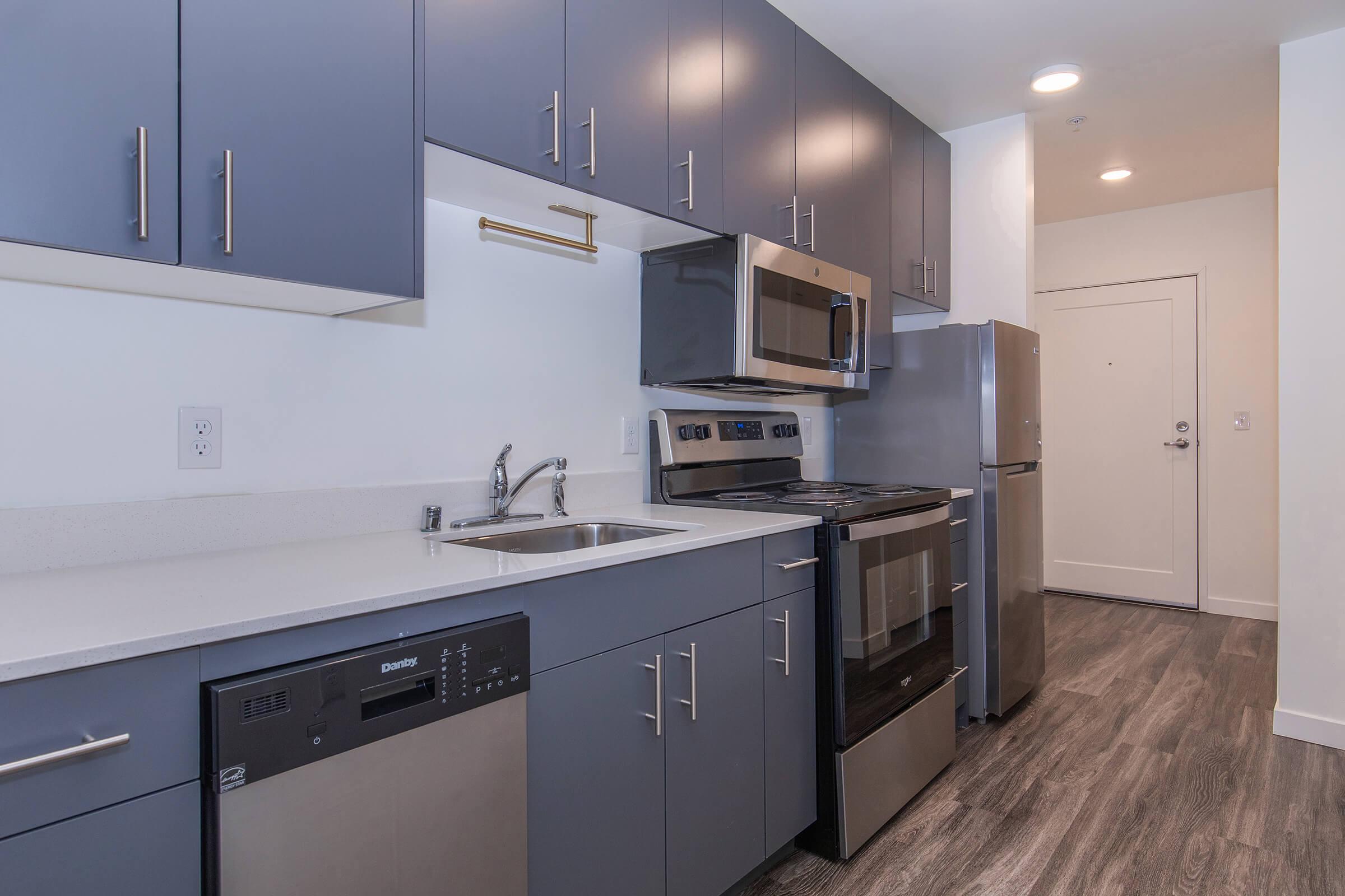 Modern kitchen featuring gray cabinets, stainless steel appliances, a double sink, and a countertop. The kitchen includes a refrigerator, microwave, oven, and dishwasher. Light wood flooring complements the contemporary design, and a door is visible in the background.