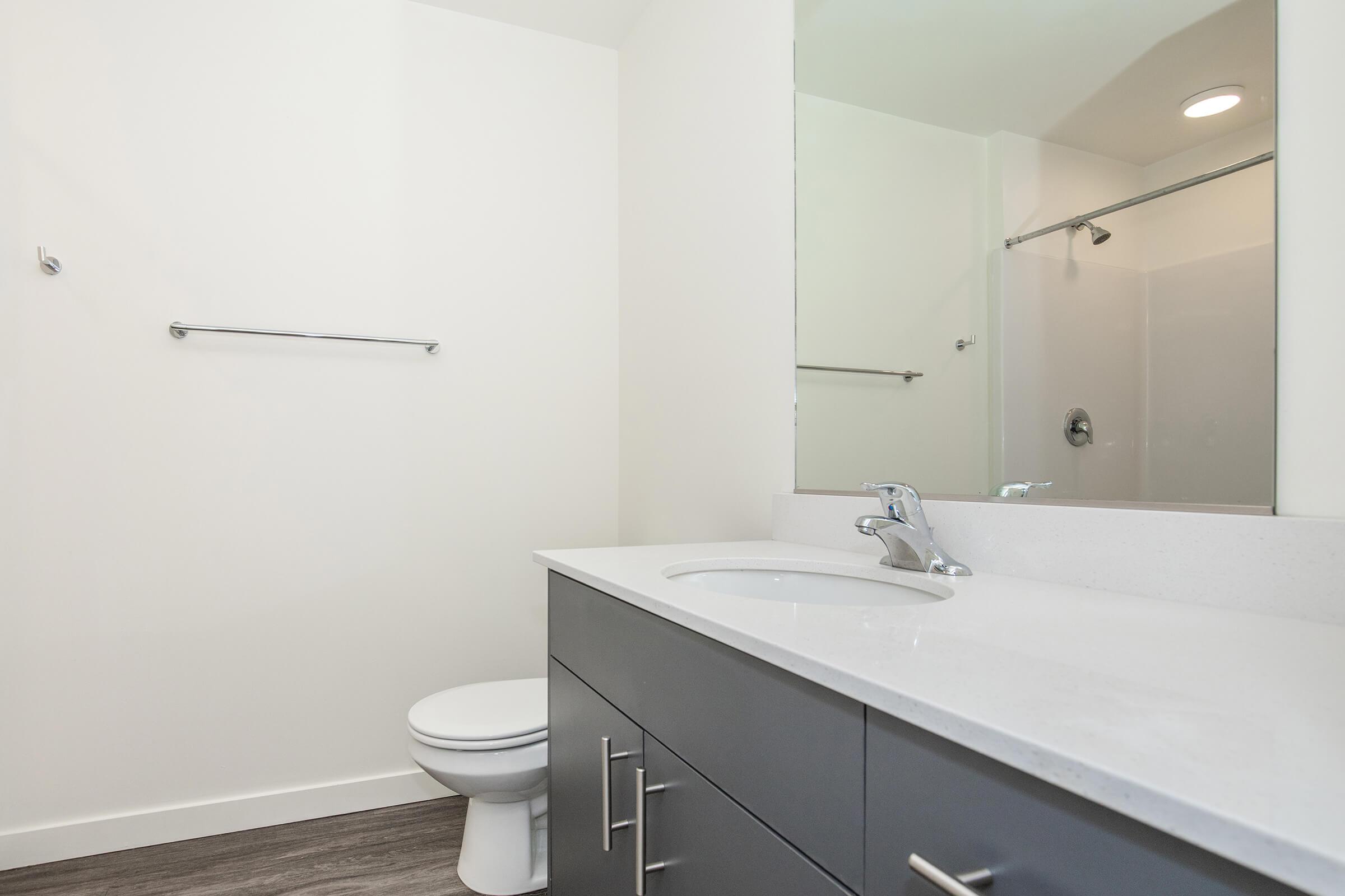 A modern bathroom featuring a white wall, a sleek mirror, a gray vanity with a sink, and a toilet. The space has minimalist design elements and includes a shower area with a glass door. The floor is a light brown wood-look material, creating a clean and contemporary aesthetic.