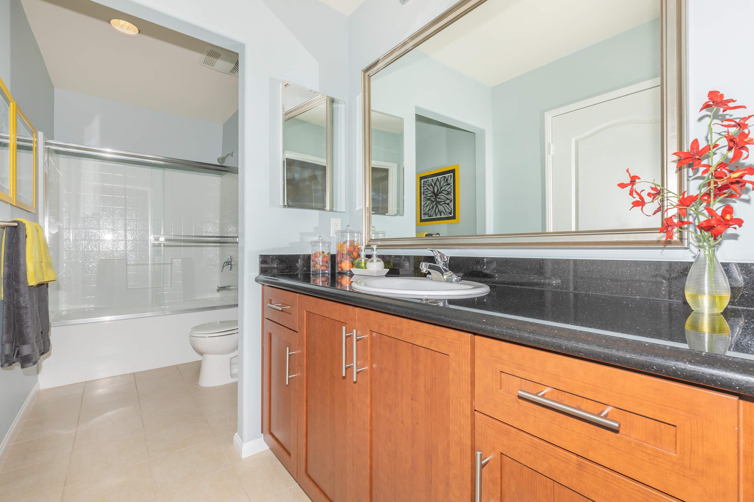 a kitchen with a sink and a mirror