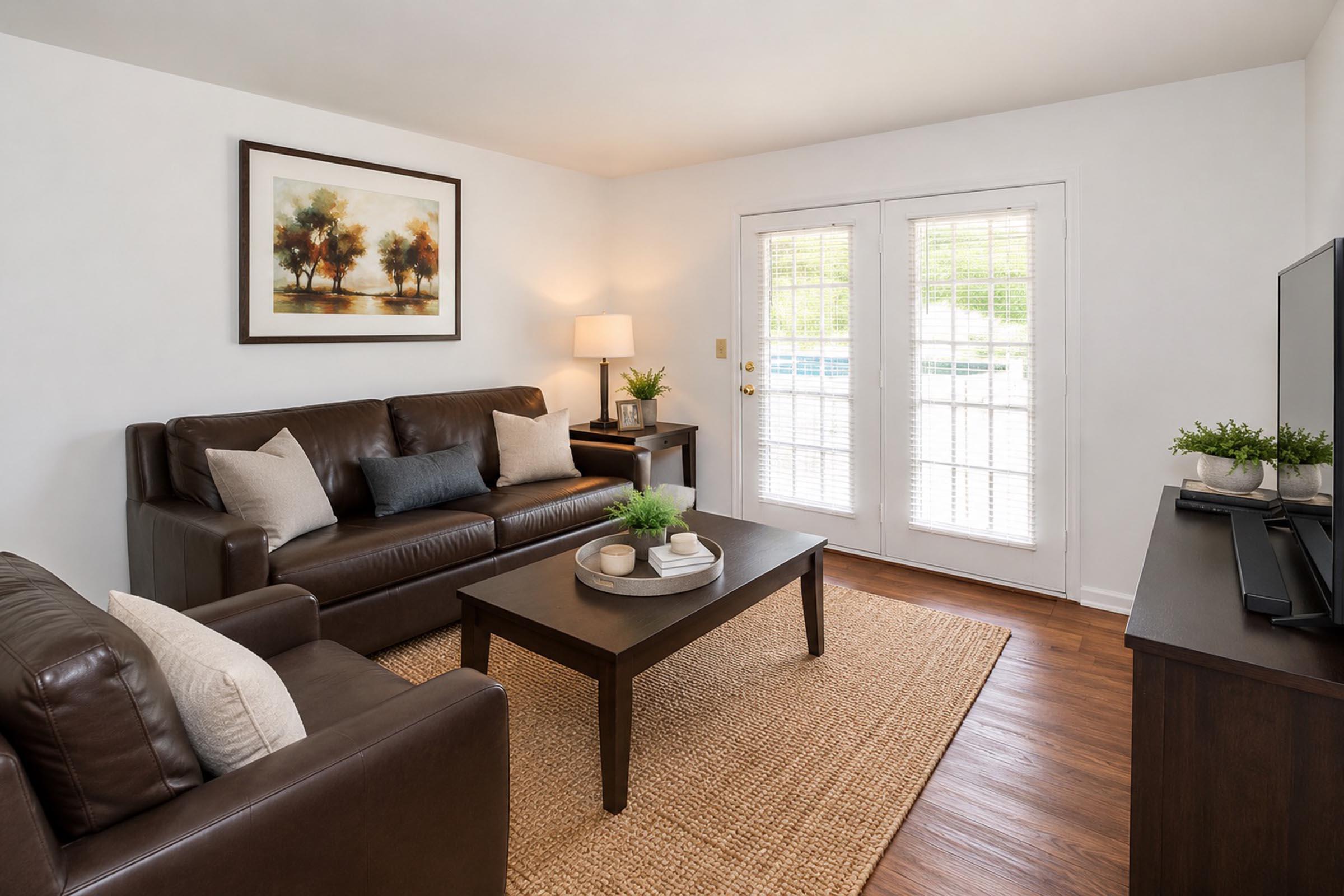 A cozy living room featuring a brown leather sofa and armchair, a wooden coffee table with decorative items, and a large wall painting. Natural light comes through double doors leading to an outdoor space, complemented by a jute rug and a TV on a wooden stand. Decorative plants add a touch of greenery.