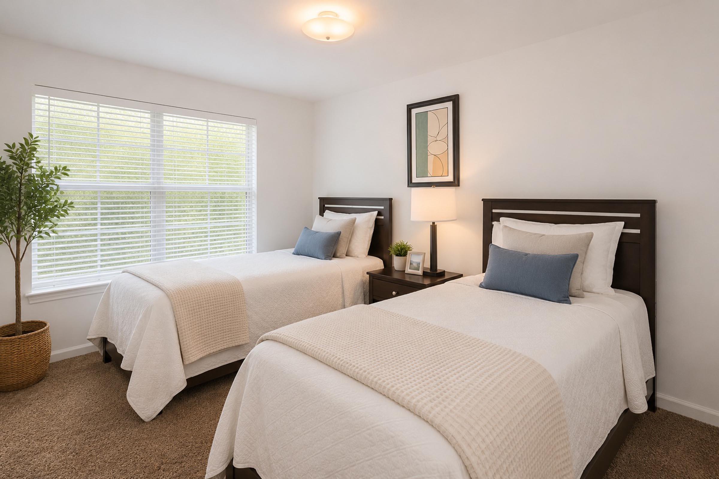 Two neatly arranged twin beds with white bedding in a bright room. A small bedside table with a lamp is between the beds, and a decorative plant in a woven pot is placed in the corner. A window with blinds lets in natural light, illuminating the soft neutral tones of the decor. A framed piece of art hangs on the wall.