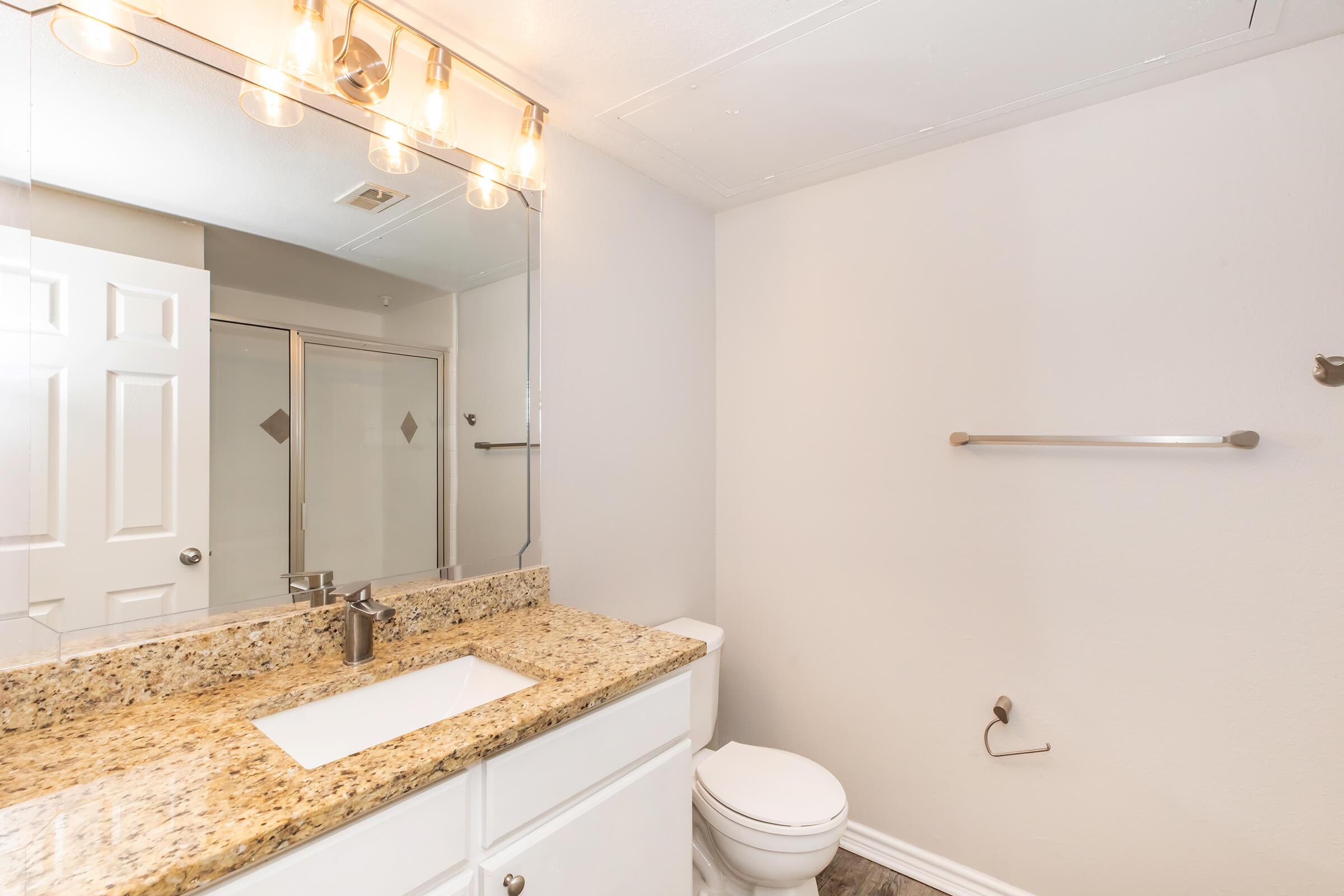 Modern bathroom featuring a granite countertop sink with a large mirror above. A single faucet is installed, and there is a white toilet nearby. A shower area with glass doors is visible in the background. The walls are painted in light colors, and there is a towel bar on the wall.