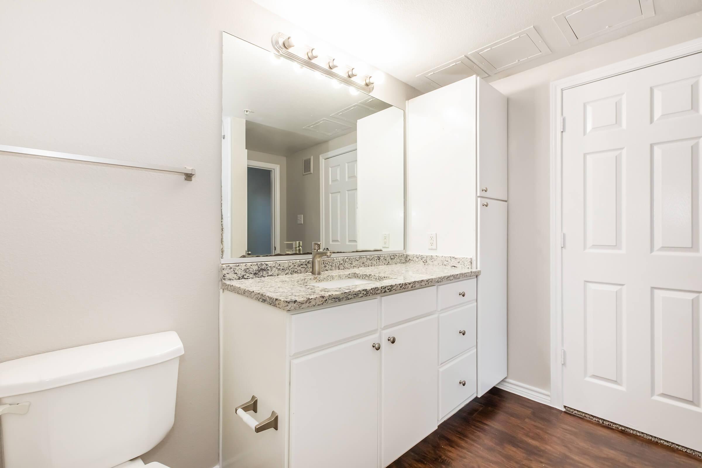 A modern bathroom featuring a white toilet, a double vanity with granite countertop, and a large mirror above the sink. The cabinet doors are white, and the flooring is dark wood. The space is well-lit with overhead lighting and has a clean, contemporary design.