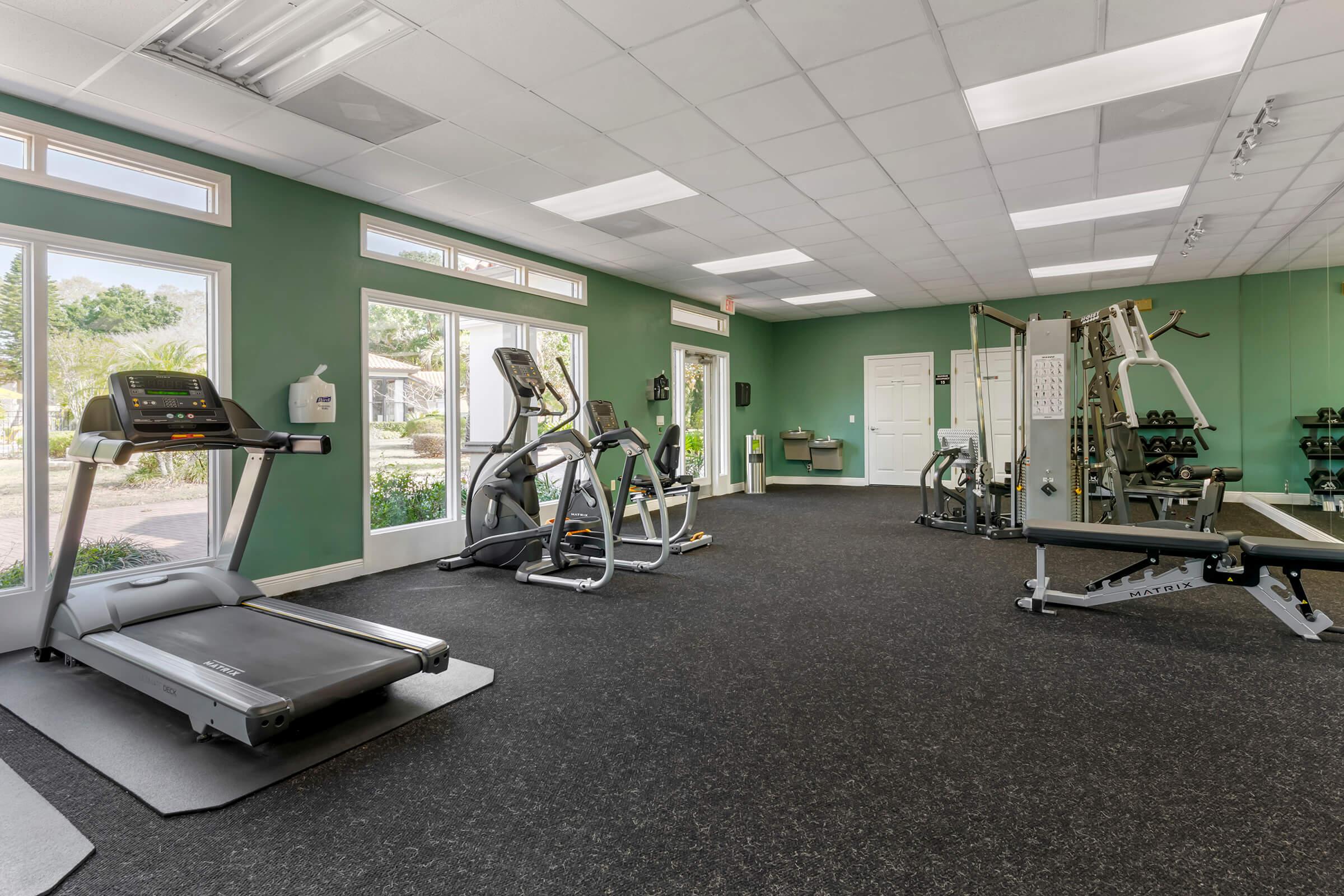 A spacious gym featuring modern fitness equipment, including a treadmill, elliptical machine, and strength training machines. The room has bright windows allowing natural light and green walls, creating a fresh atmosphere. The flooring is dark and carpeted, enhancing comfort during workouts.